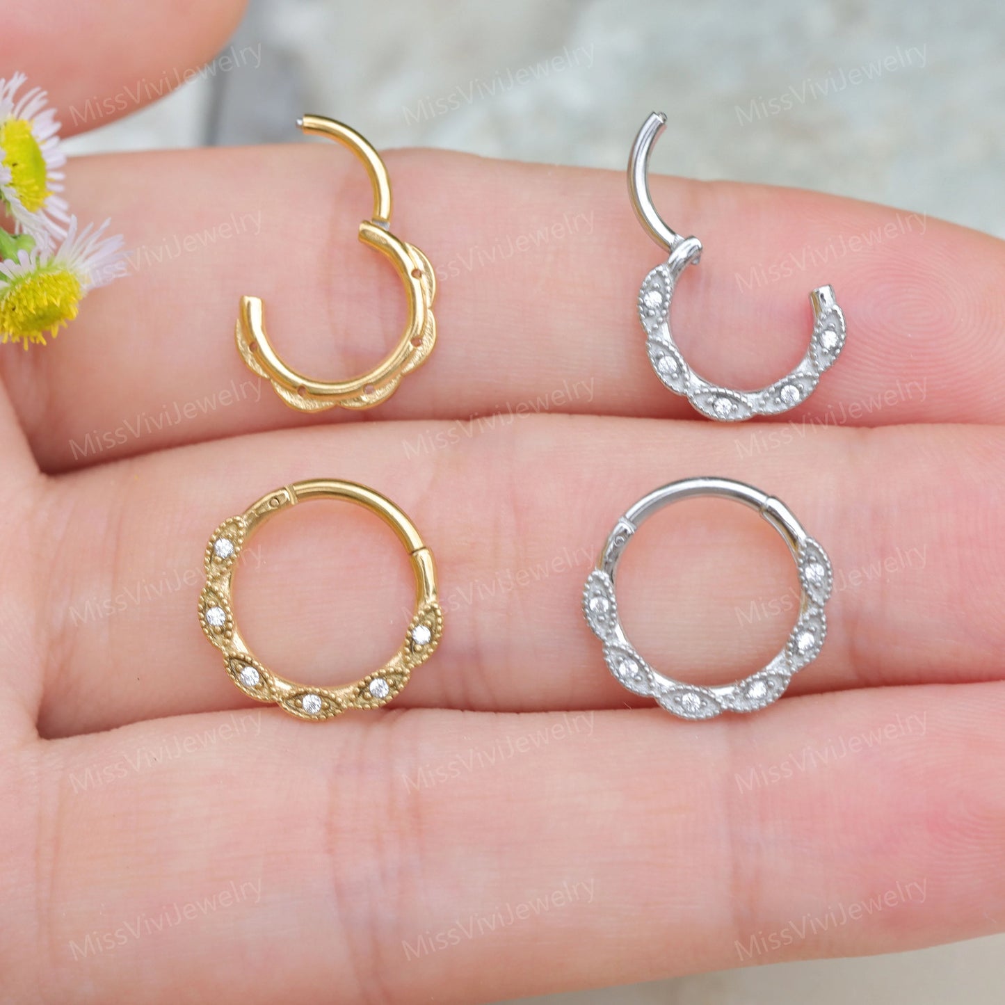 16G 316L Steel Flower Daith Earring Hoop/ Daith Hoop Clicker/ Steel Daith Hoop/Handmade Gift for her/ Flower Earring 1.2*8/10mm Silver Gold Miss Vivi Jewelry