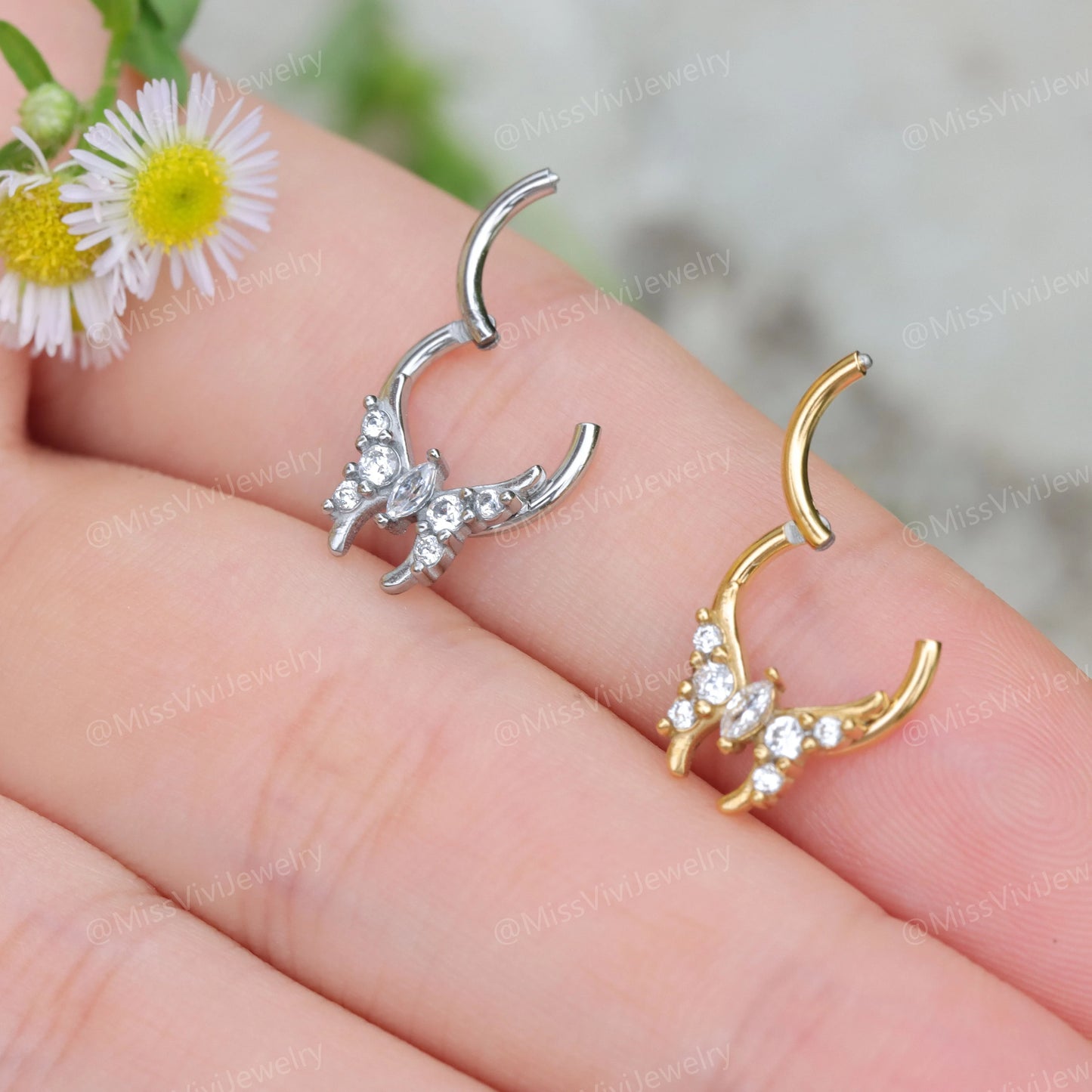 16G 316L Steel Butterfly Hinged Septum Ring/ Septum Clicker Hoop Silver/ Steel Hinged Septum Ring/ Daith Hinged Hoop 1.2*8/10mm Silver/ Gold Miss Vivi Jewelry