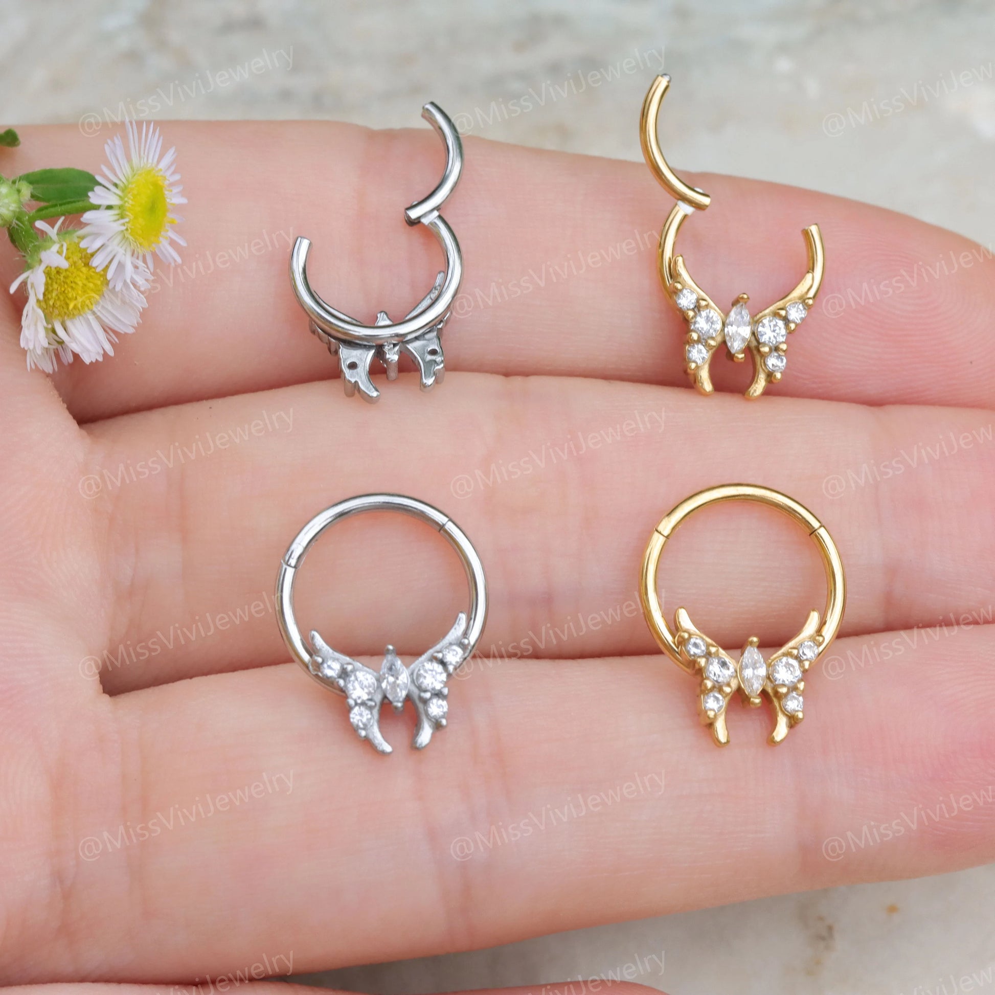 16G 316L Steel Butterfly Hinged Septum Ring/ Septum Clicker Hoop Silver/ Steel Hinged Septum Ring/ Daith Hinged Hoop 1.2*8/10mm Silver/ Gold Miss Vivi Jewelry