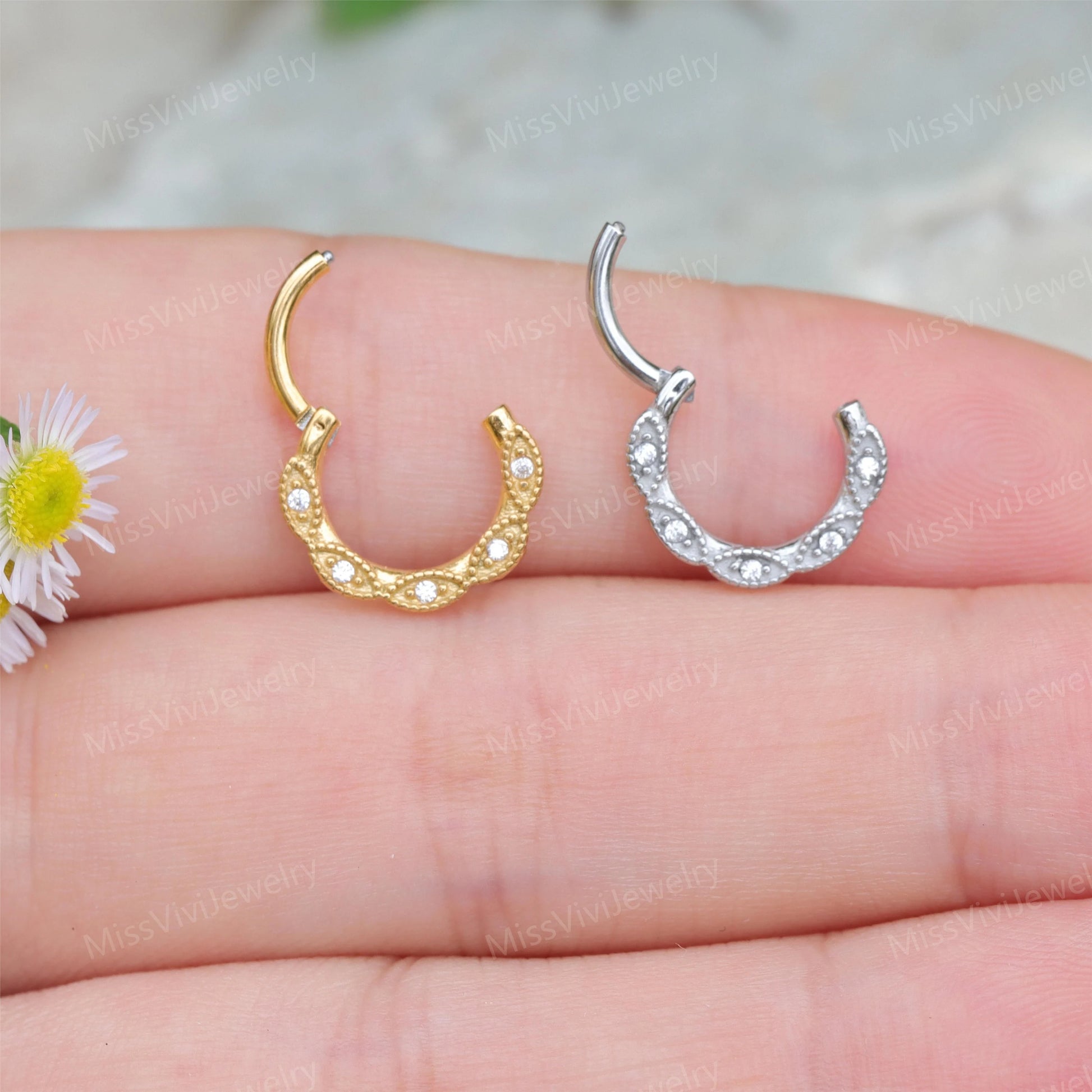 16G 316L Steel Flower Daith Earring Hoop/ Daith Hoop Clicker/ Steel Daith Hoop/Handmade Gift for her/ Flower Earring 1.2*8/10mm Silver Gold Miss Vivi Jewelry