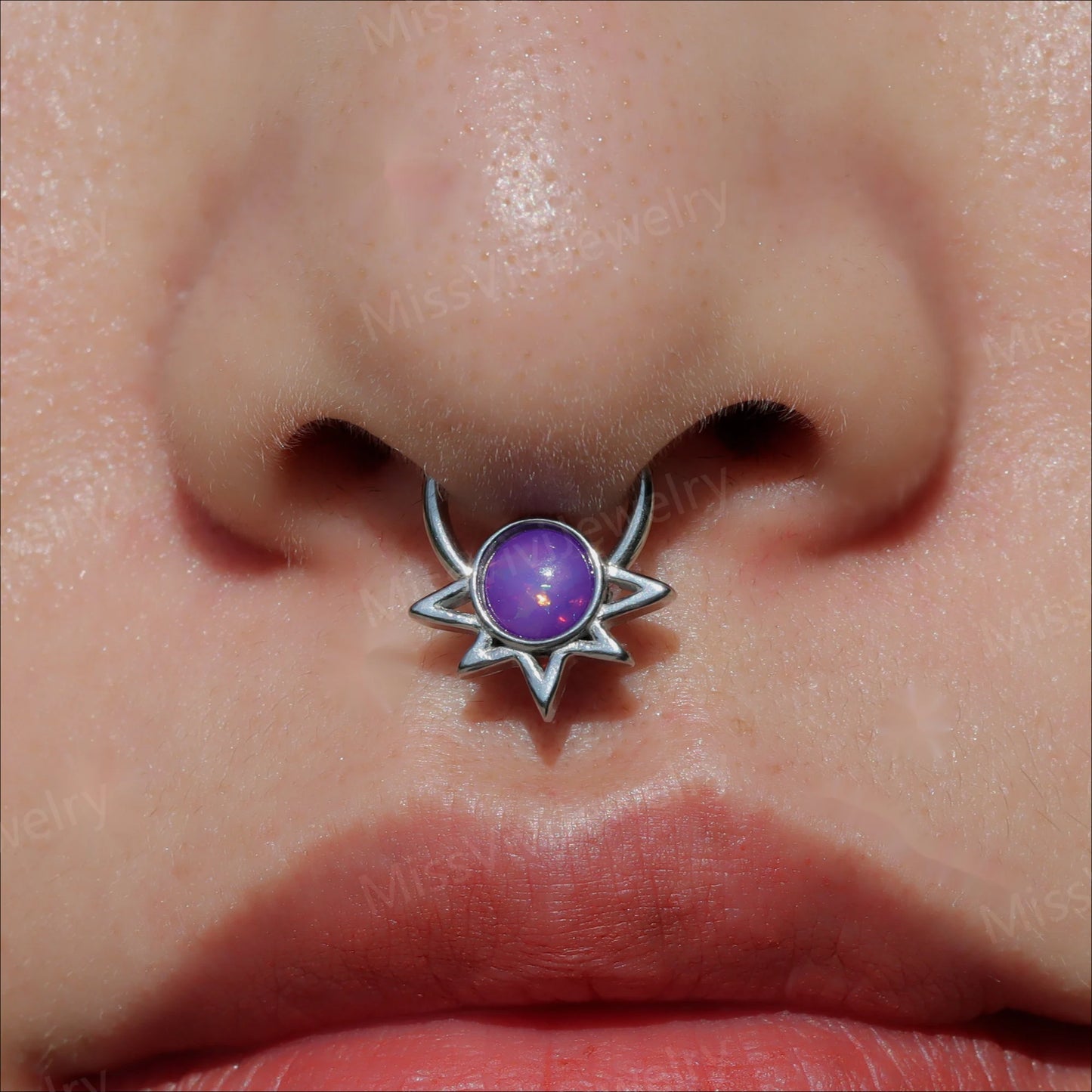 16G 316L Steel Purple Opal Sun Septum Ring/ Hinged Septum Hoop/ Opal Septum Ring/ Steel Septum Clicker/ Opal Nose Ring/ daith 1.2*8/10mm Miss Vivi Jewelry