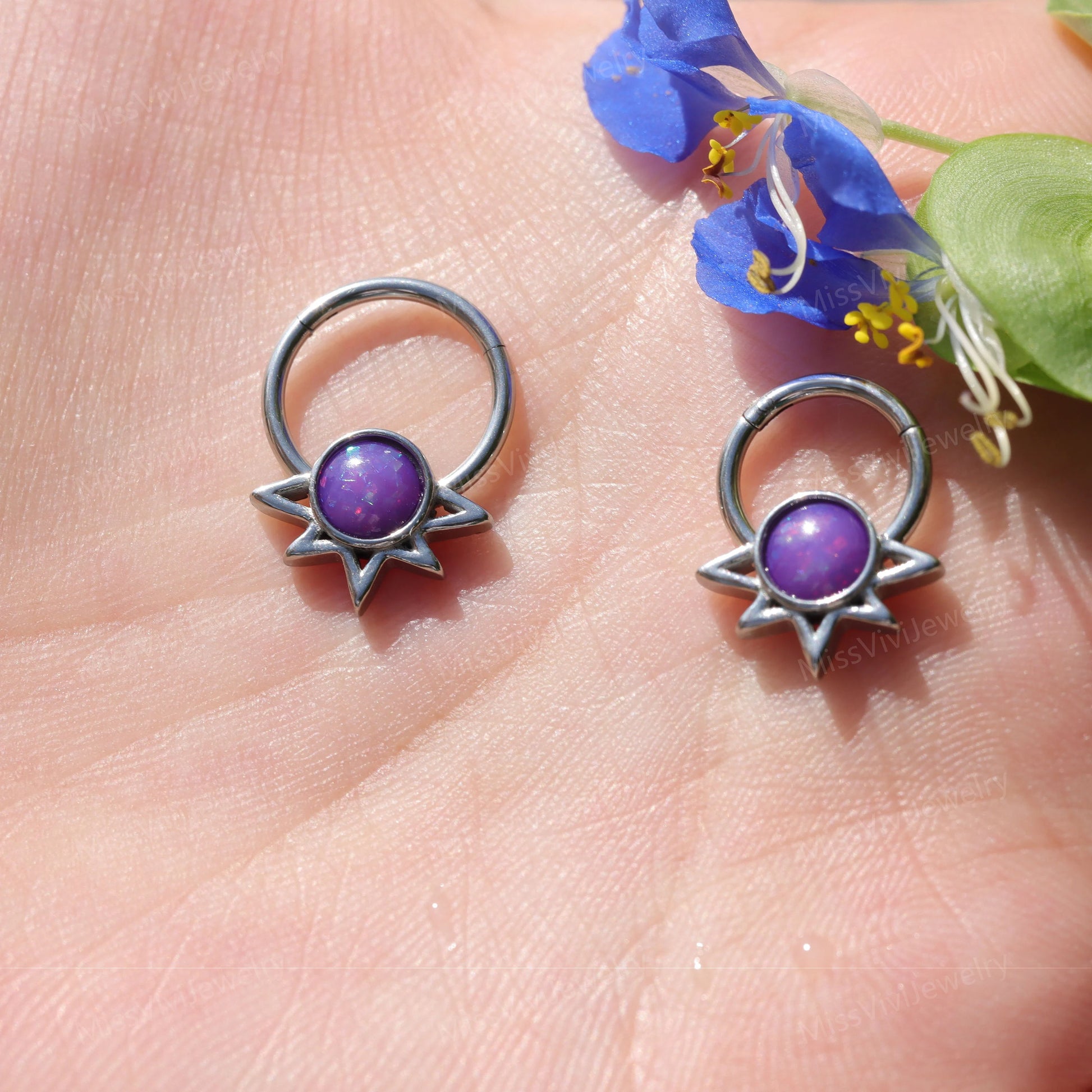 16G 316L Steel Purple Opal Sun Septum Ring/ Hinged Septum Hoop/ Opal Septum Ring/ Steel Septum Clicker/ Opal Nose Ring/ daith 1.2*8/10mm Miss Vivi Jewelry