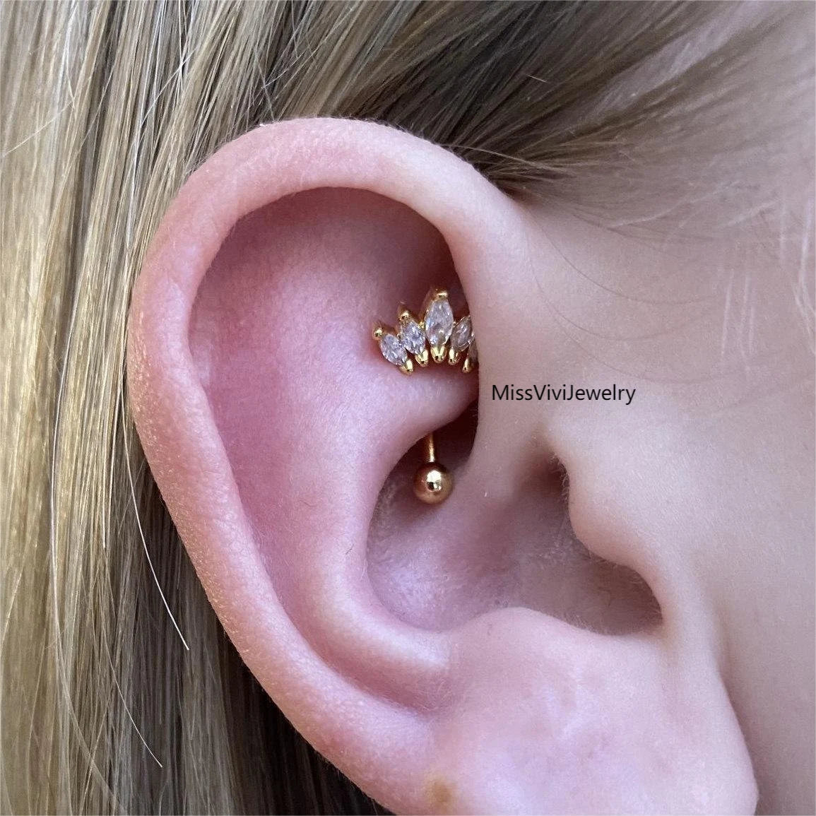 16G Crystal Crown Rook Earring/ Rook Cuved Barbell/ Rook Piercing Jewelry/Eyebrow Jewelry/ Eyebrow Ring/ Vertical Labret 1.2*8mm Silver/Gold Miss Vivi Jewelry