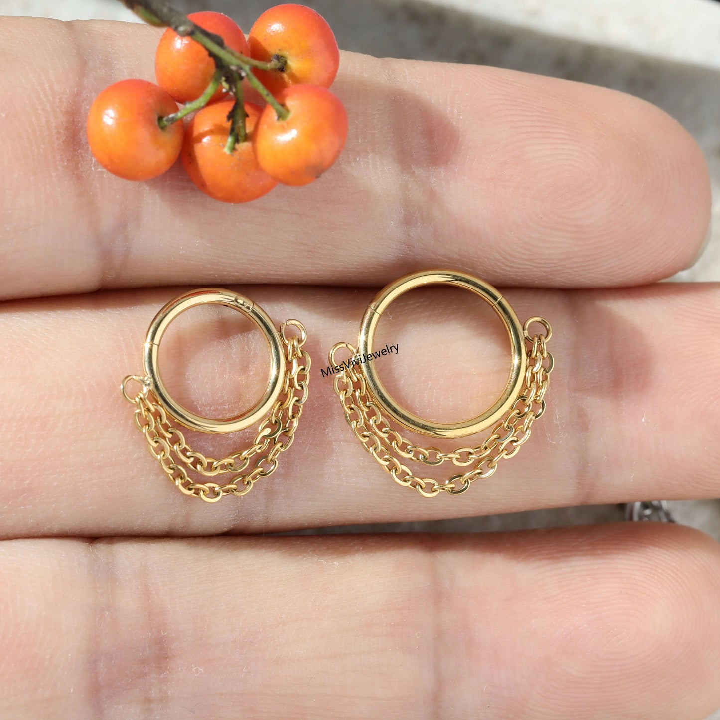 16G 316L Steel Double Chain Septum Hoop/ Steel Septum Ring/ Dangle Septum Hoop/ Hinged Septum Ring/ Septum Clicker/ Helix Ring 1.2*8/10mm Miss Vivi Jewelry