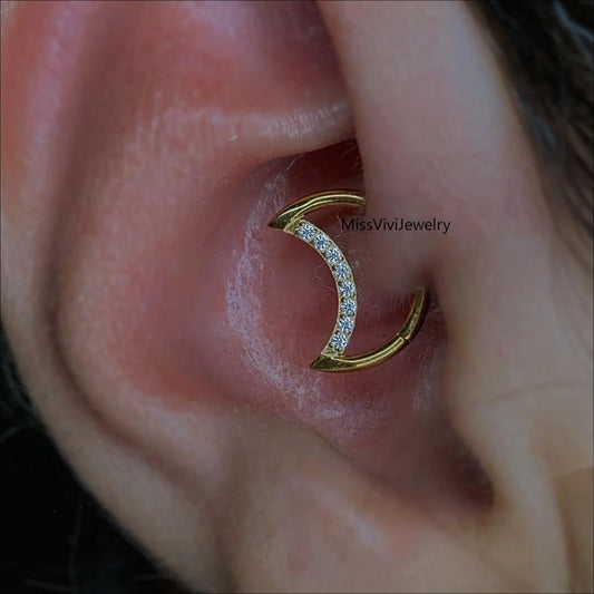 16G 316L Steel Cresent Moon Daith Hoop Earring/ Daith Piercing Jewelry/ Helix Hoop Earring/ Hinged Daith Clicker 1.2*8/10mm Silver Gold Miss Vivi Jewelry