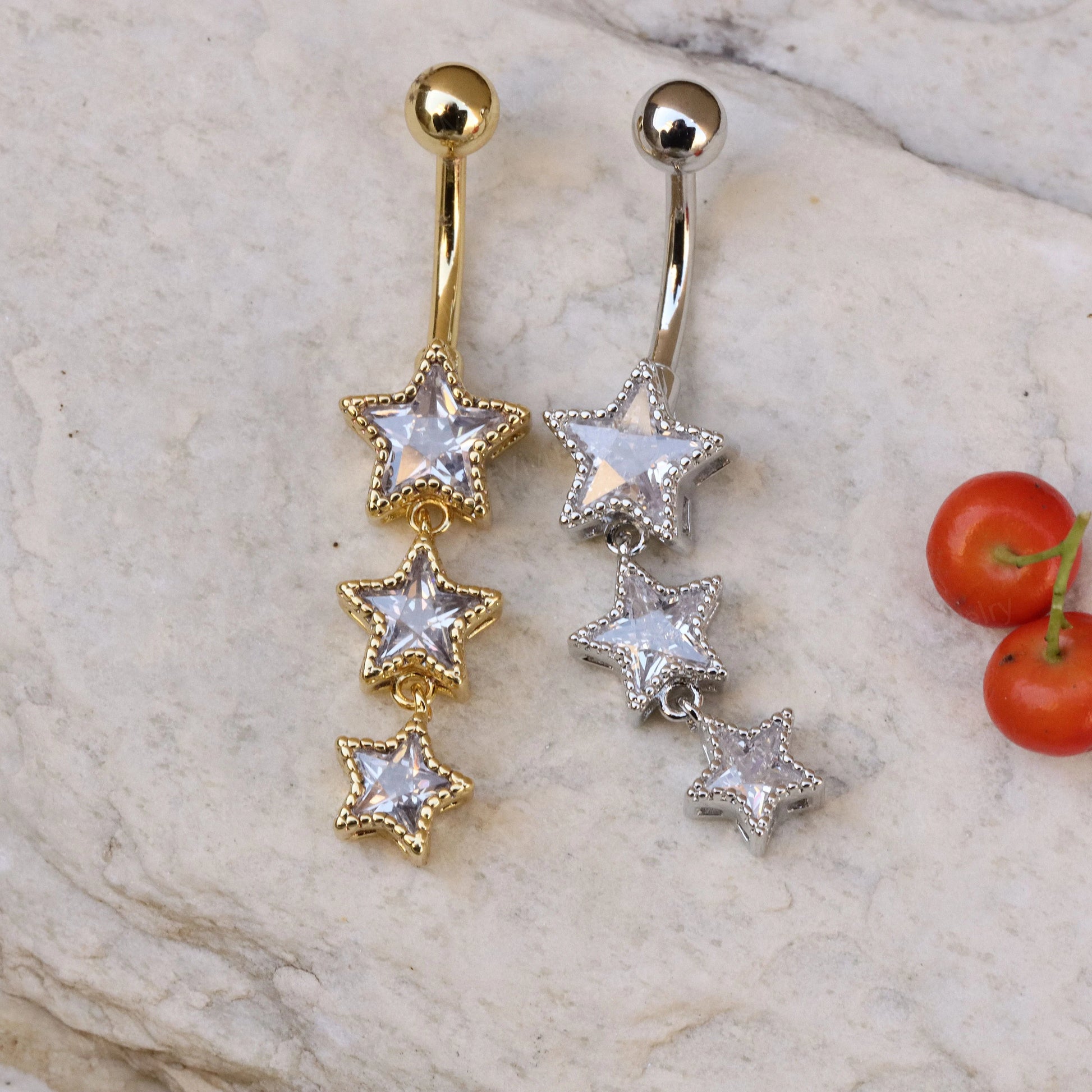 14G Surgical Steel Star Belly Button Ring/ Star Dangle Belly Piercings/ CZ Navel Ring/ Star CZ Belly Button Bar/ Navel Piercing Jewelry Miss Vivi Jewelry