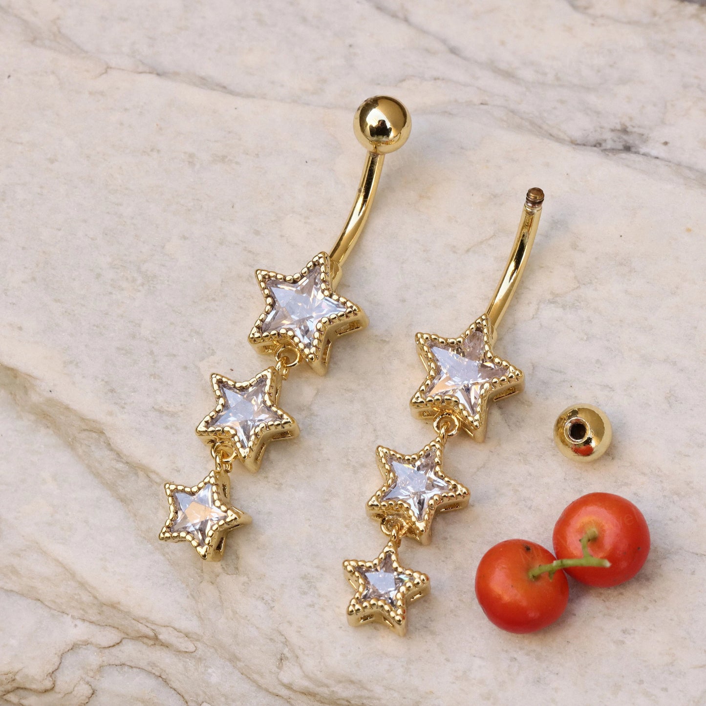 14G Surgical Steel Star Belly Button Ring/ Star Dangle Belly Piercings/ CZ Navel Ring/ Star CZ Belly Button Bar/ Navel Piercing Jewelry Miss Vivi Jewelry