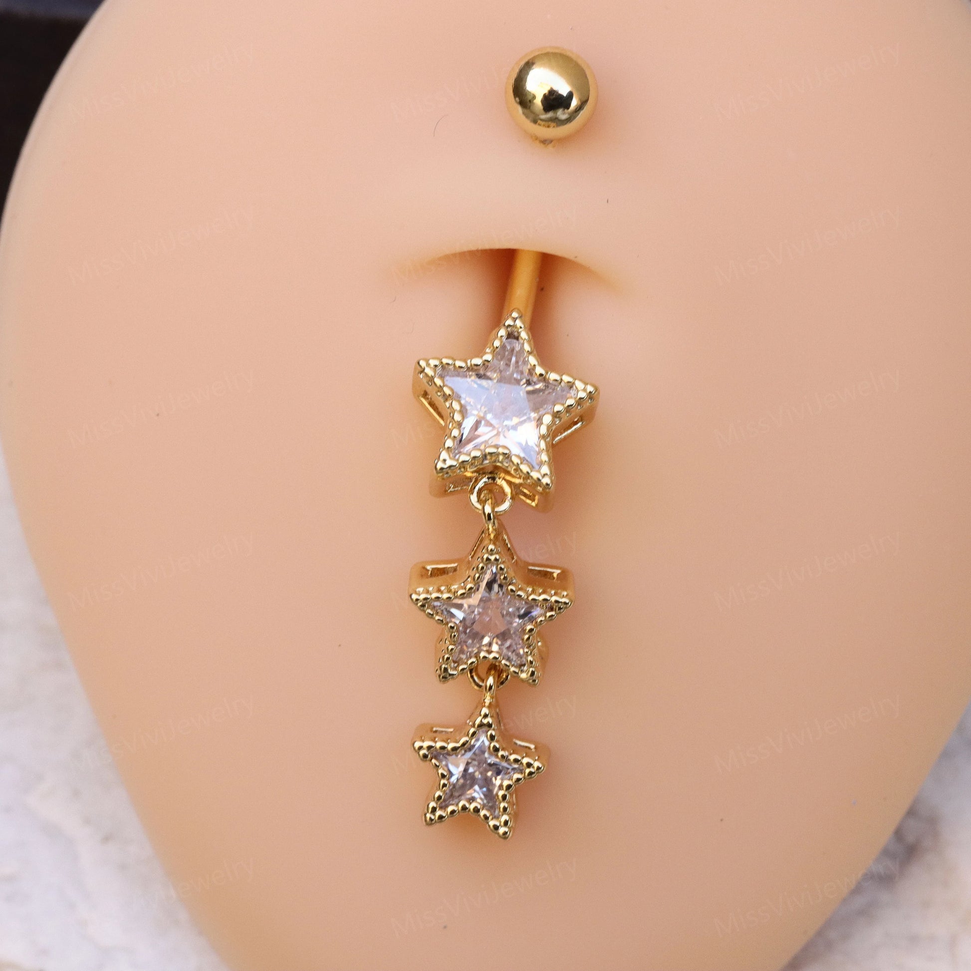 14G Surgical Steel Star Belly Button Ring/ Star Dangle Belly Piercings/ CZ Navel Ring/ Star CZ Belly Button Bar/ Navel Piercing Jewelry Miss Vivi Jewelry