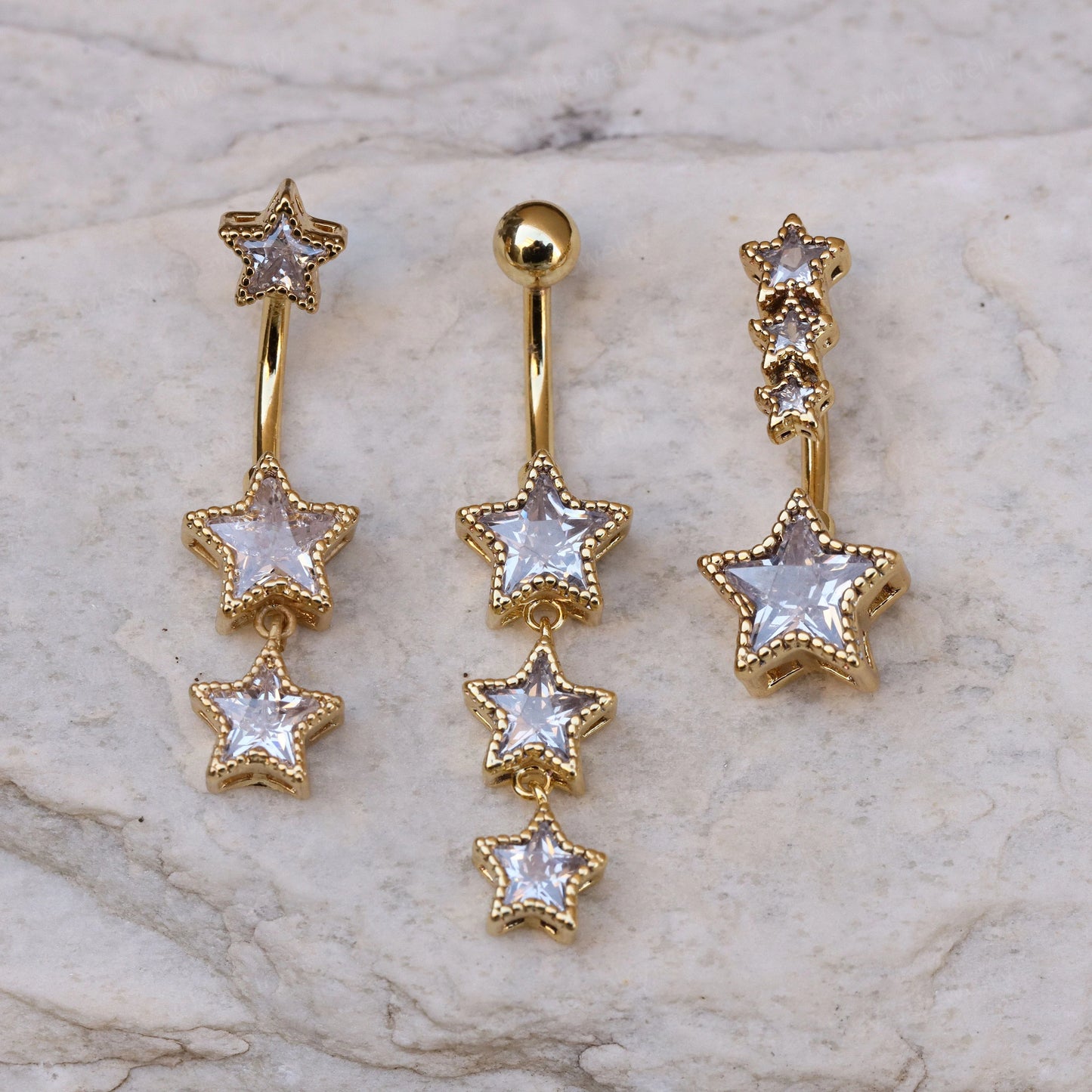 14G Surgical Steel Star Belly Button Ring/ Star Dangle Belly Piercings/ CZ Navel Ring/ Star CZ Belly Button Bar/ Navel Piercing Jewelry Miss Vivi Jewelry