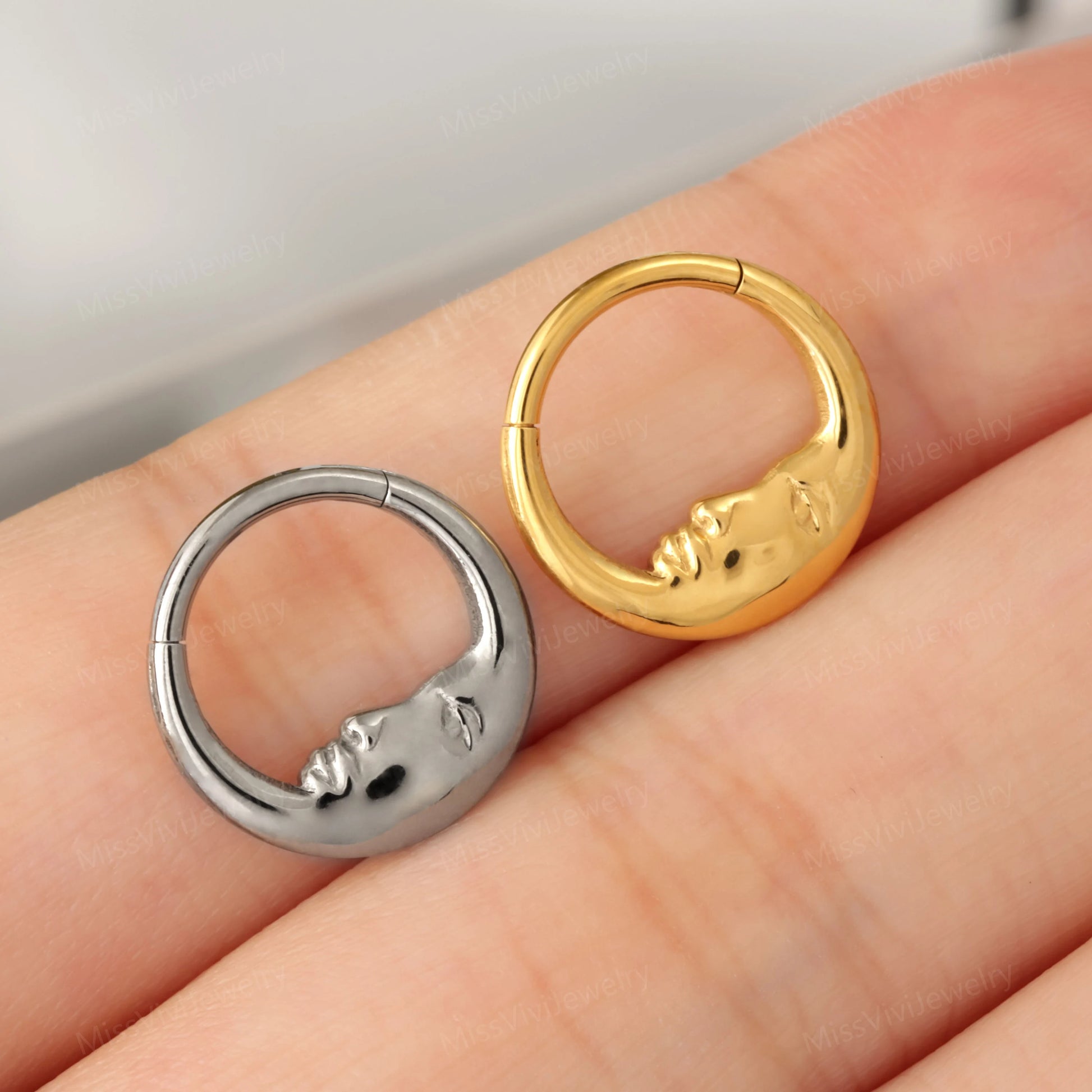 16G F136 Titanium Gold Moon Face Daith Earring/ Daith Piercing Jewelry/ Cartilage Hoop Earring/ Gold Daith Ring/ Septum Hoop/ Steel Daith Miss Vivi Jewelry