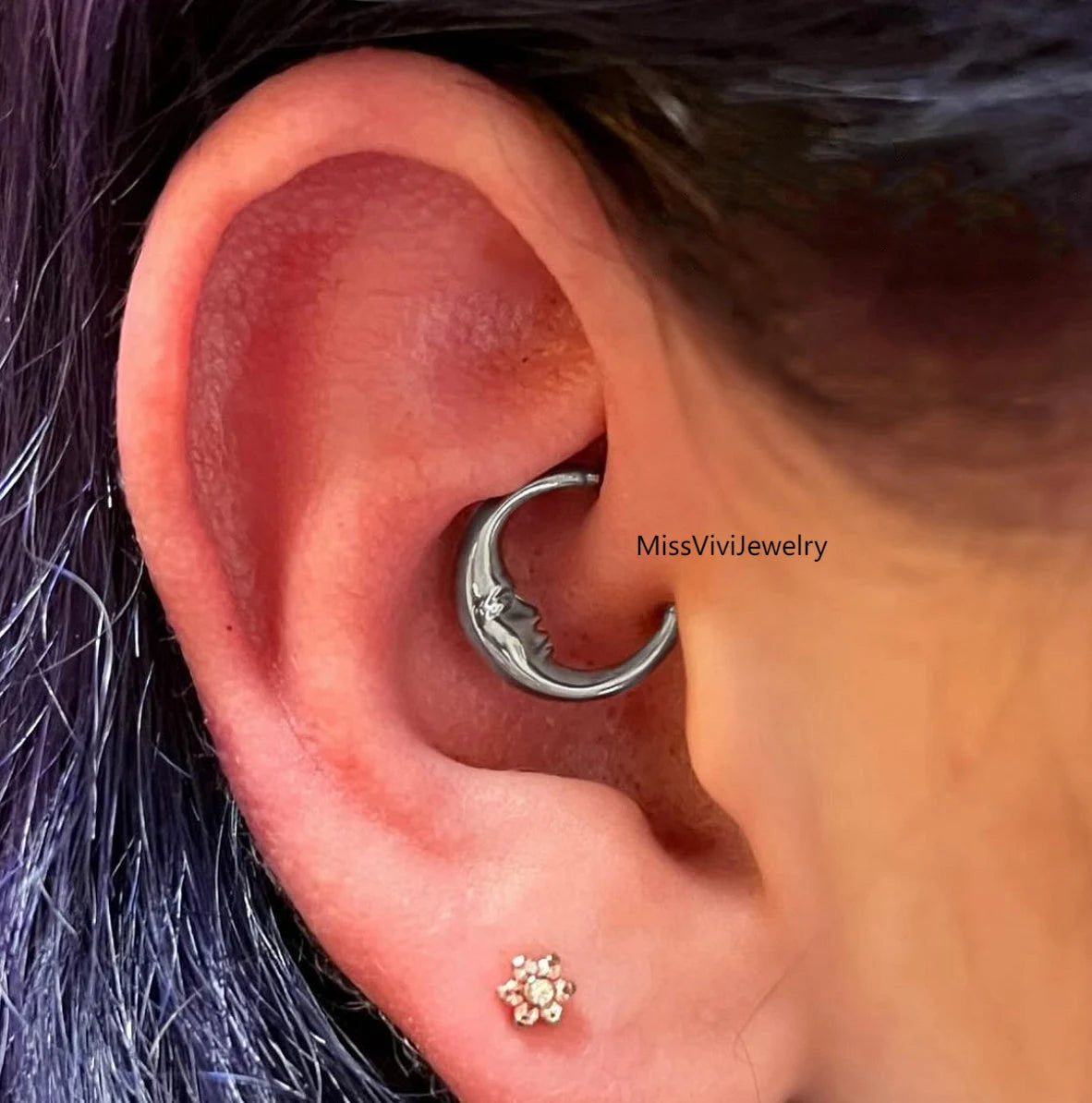 16G F136 Titanium Moon Face Daith Earring Hoop/ Daith Piercing Jewelry/ Hinged Daith Hoop/ Daith Clicker Silver/ Daith Jewelry 1.2*8/10mm Miss Vivi Jewelry