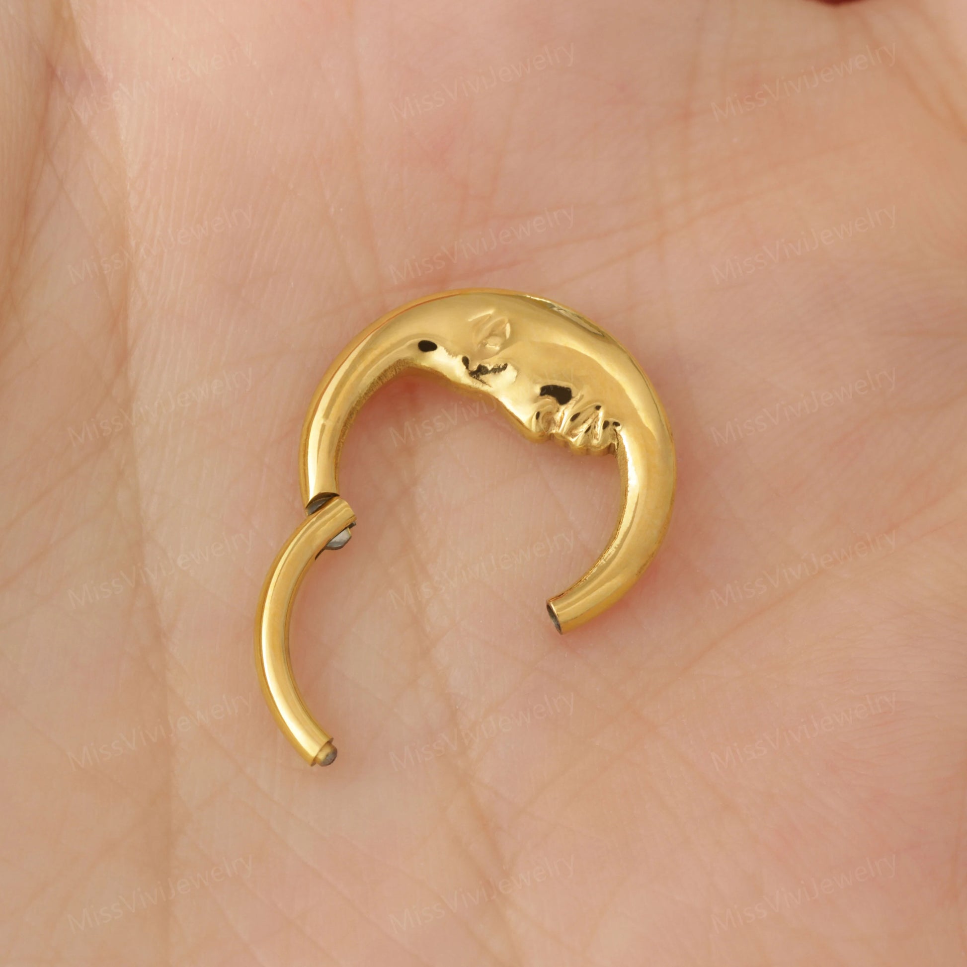 16G F136 Titanium Gold Moon Face Daith Earring/ Daith Piercing Jewelry/ Cartilage Hoop Earring/ Gold Daith Ring/ Septum Hoop/ Steel Daith Miss Vivi Jewelry