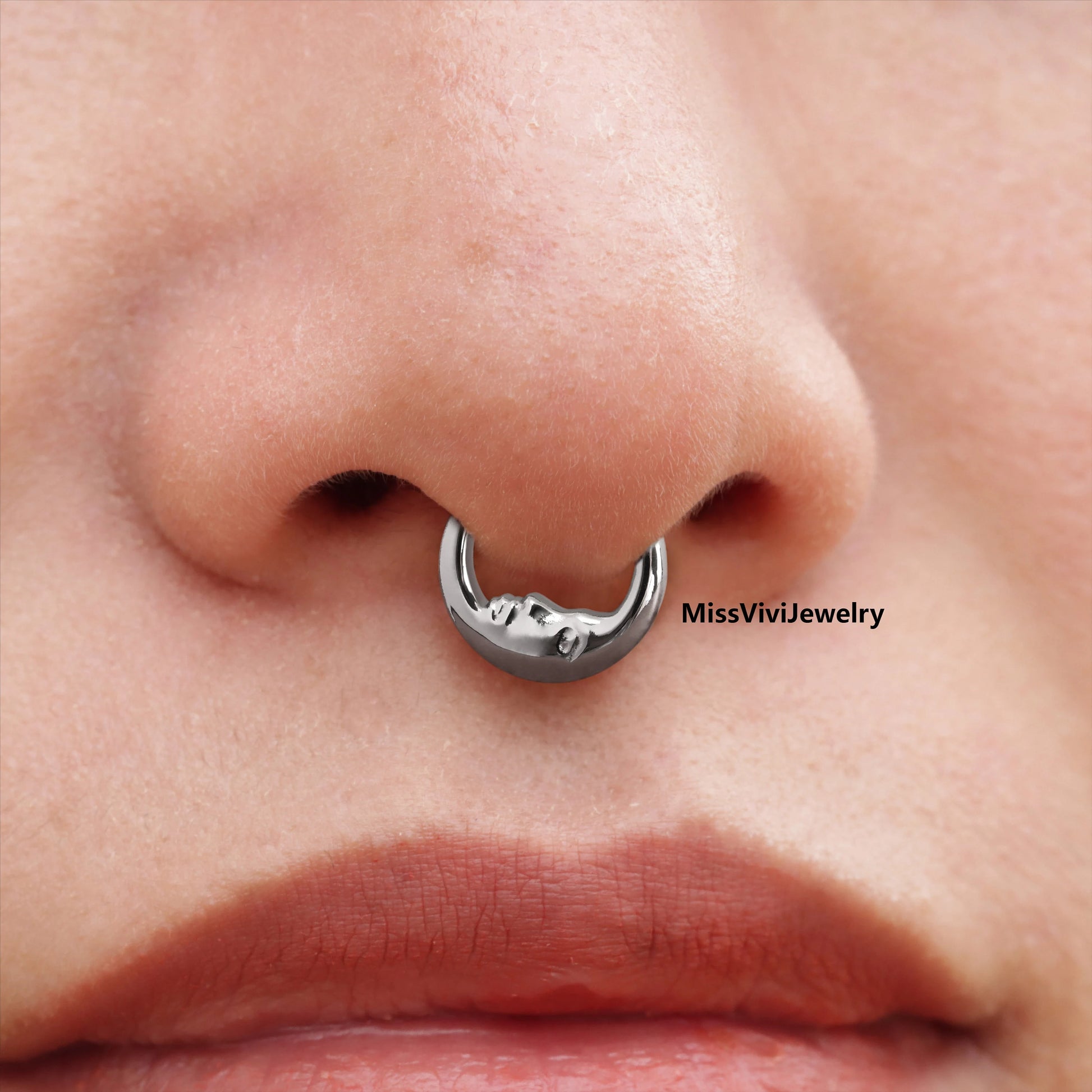 16G F136 Titanium Moon Face Septum Ring/ Septum Piercing Jewelry Silver/ Septum Clicker Hoop Gold/ Hinged Septum Hoop/ Moon Septum1.2*8/10mm Miss Vivi Jewelry