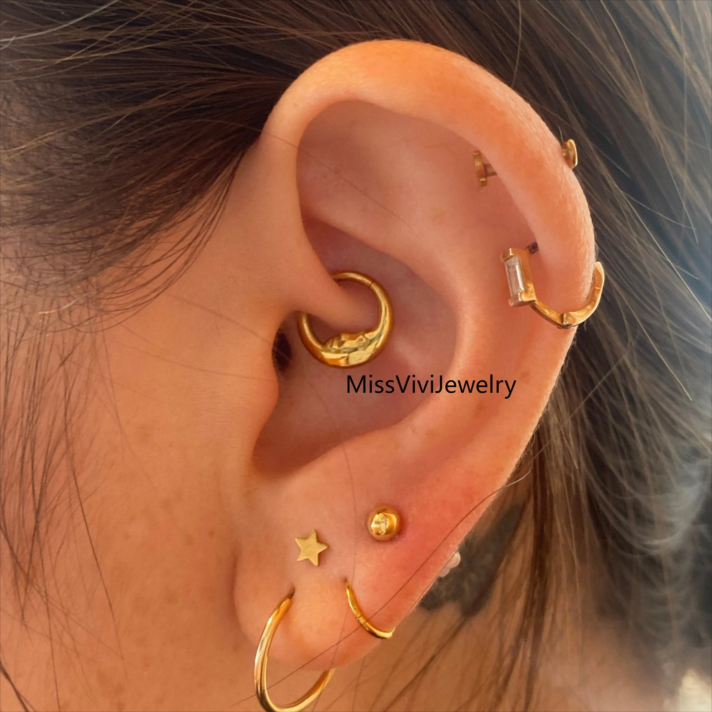 16G F136 Titanium Gold Moon Face Daith Earring/ Daith Piercing Jewelry/ Cartilage Hoop Earring/ Gold Daith Ring/ Septum Hoop/ Steel Daith Miss Vivi Jewelry