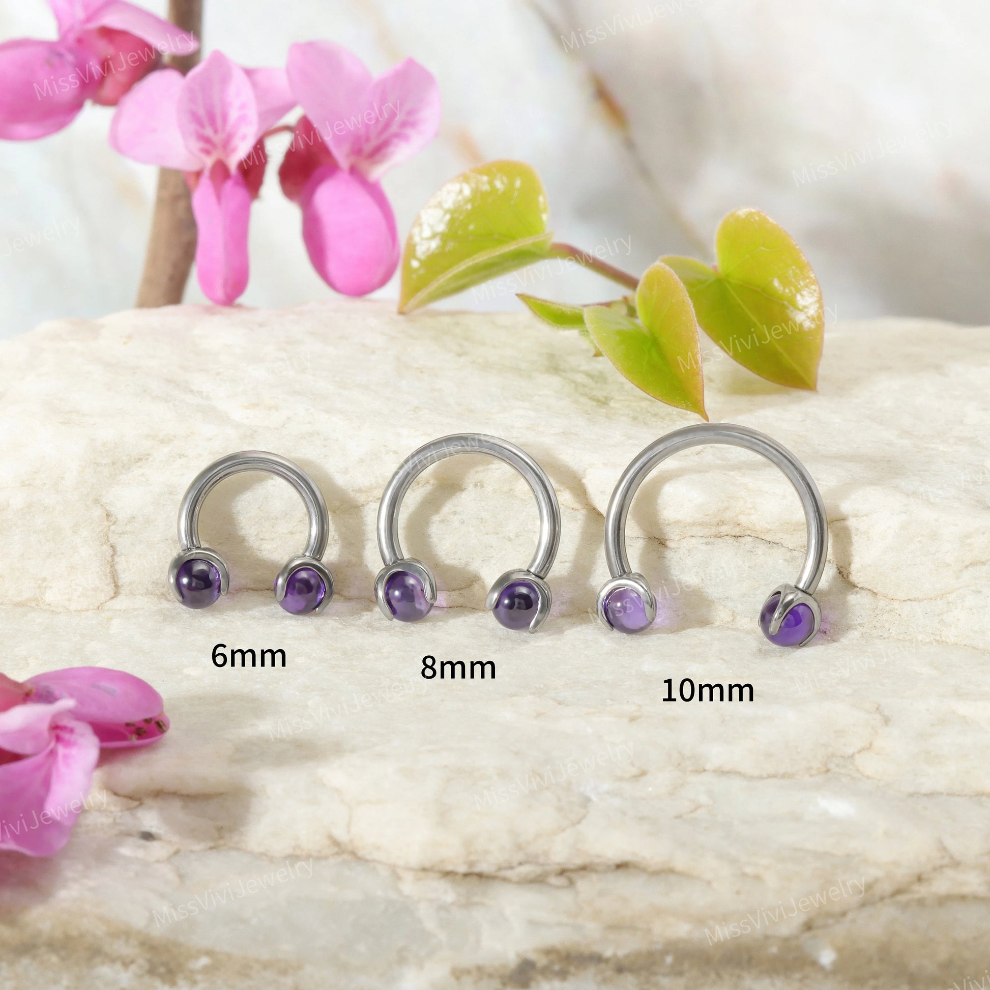 16G Titanium Amethyst Horseshoe Ring/ Internally Threaded Horseshoe Circular Barbell/ Septum Ring Silver/ Barbell Septum Ring 1.2*6/8/10mm Miss Vivi Jewelry