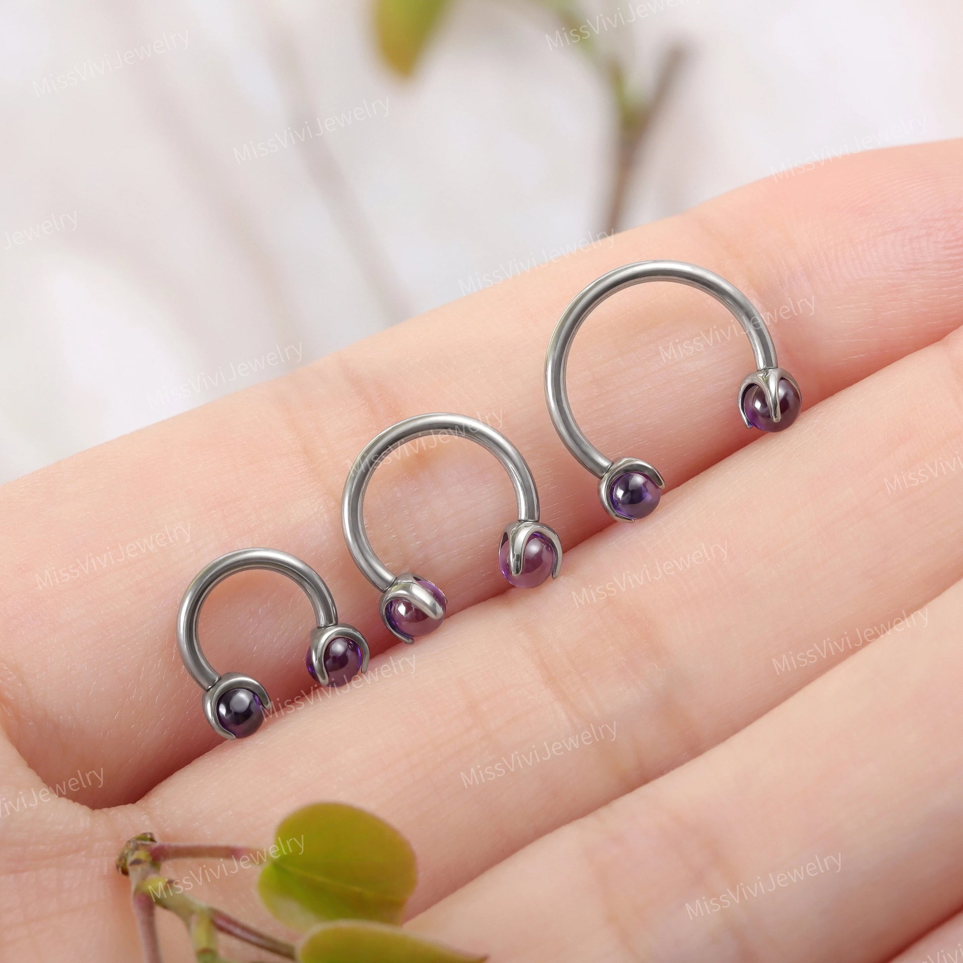 16G Titanium Amethyst Horseshoe Ring/ Internally Threaded Horseshoe Circular Barbell/ Septum Ring Silver/ Barbell Septum Ring 1.2*6/8/10mm Miss Vivi Jewelry