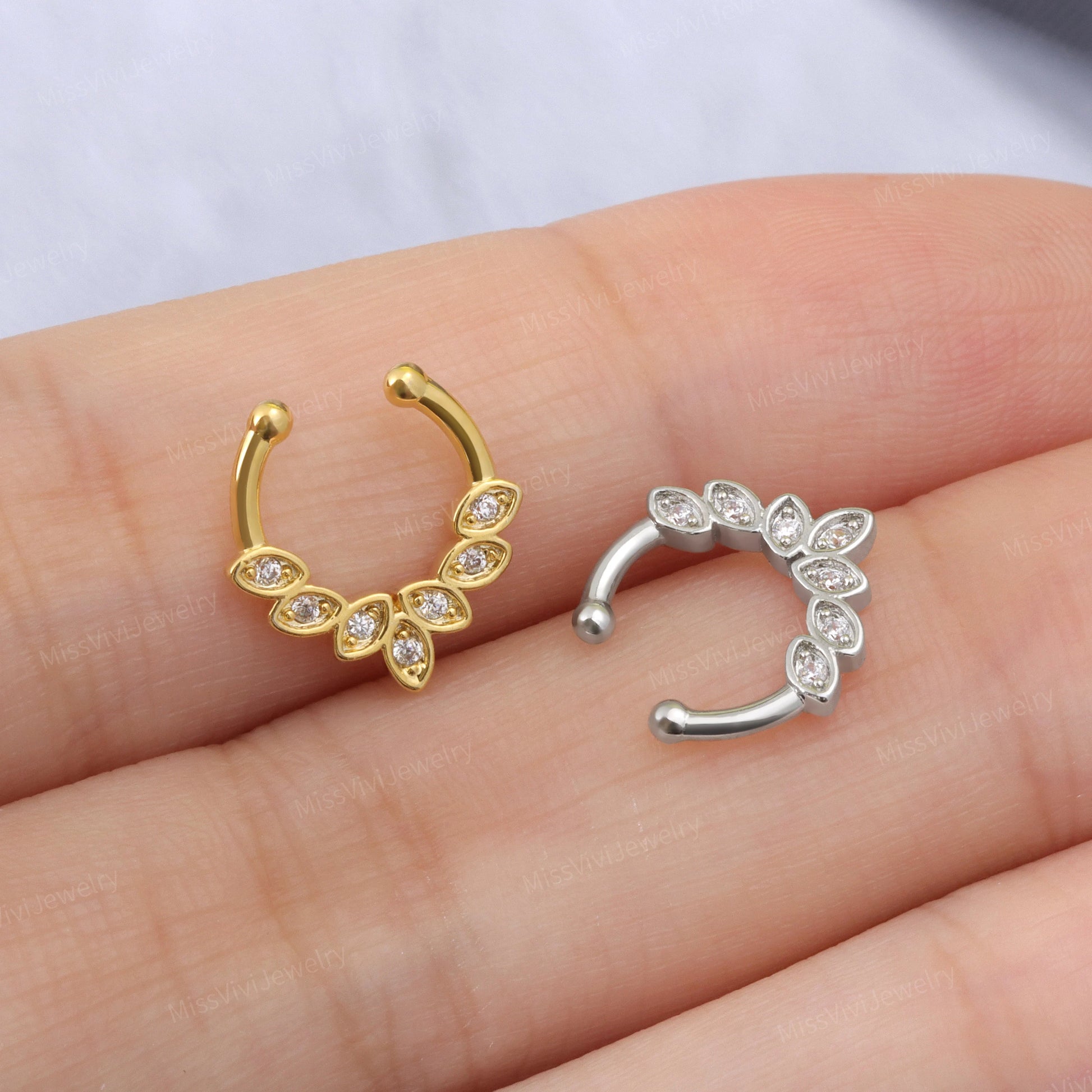 Fake Septum Ring Fit All/Adjustable CZ Leaves Setpum Hoop/Gold Septum Cuff/ Silver Clip On Nose Ring/Fake Piercing Hoop/False Nose Ring 10mm Miss Vivi Jewelry