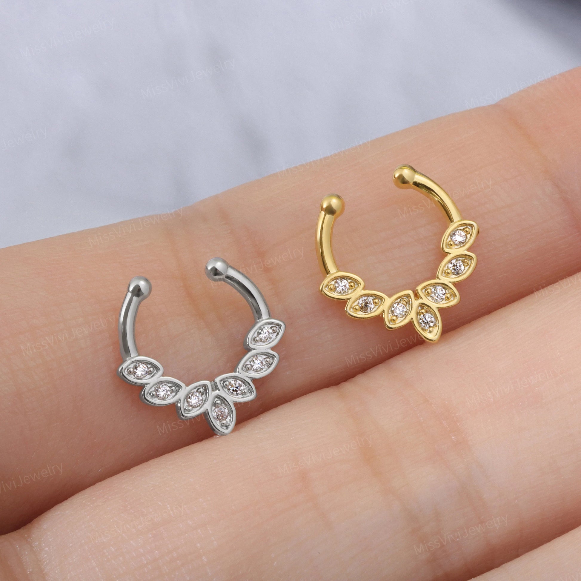 Fake Septum Ring Fit All/Adjustable CZ Leaves Setpum Hoop/Gold Septum Cuff/ Silver Clip On Nose Ring/Fake Piercing Hoop/False Nose Ring 10mm Miss Vivi Jewelry