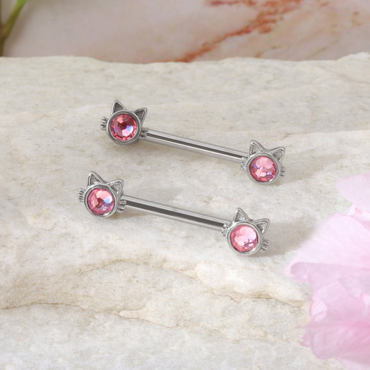 14G Pair of Pink Cat Nipple Piercings/ Cute Nipple Jewelry/ Shiny Nipple Barbell/ Steel Nipple Rings/ Sexy Body Jewelry/Barbell Piercing Miss Vivi Jewelry