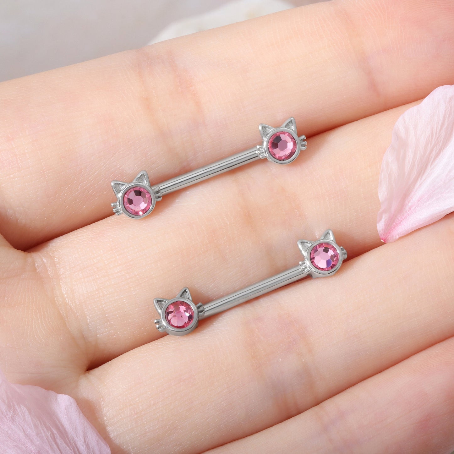 14G Pair of Pink Cat Nipple Piercings/ Cute Nipple Jewelry/ Shiny Nipple Barbell/ Steel Nipple Rings/ Sexy Body Jewelry/Barbell Piercing Miss Vivi Jewelry