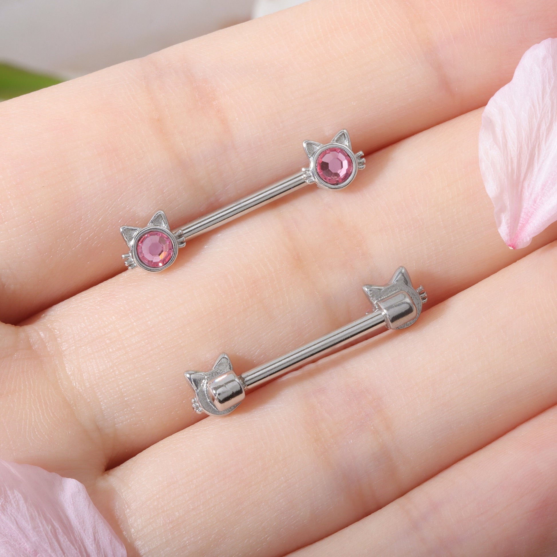 14G Pair of Pink Cat Nipple Piercings/ Cute Nipple Jewelry/ Shiny Nipple Barbell/ Steel Nipple Rings/ Sexy Body Jewelry/Barbell Piercing Miss Vivi Jewelry