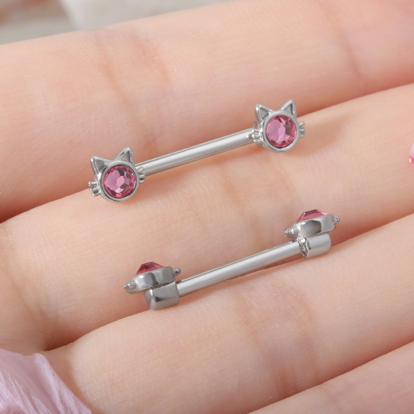 14G Pair of Pink Cat Nipple Piercings/ Cute Nipple Jewelry/ Shiny Nipple Barbell/ Steel Nipple Rings/ Sexy Body Jewelry/Barbell Piercing Miss Vivi Jewelry