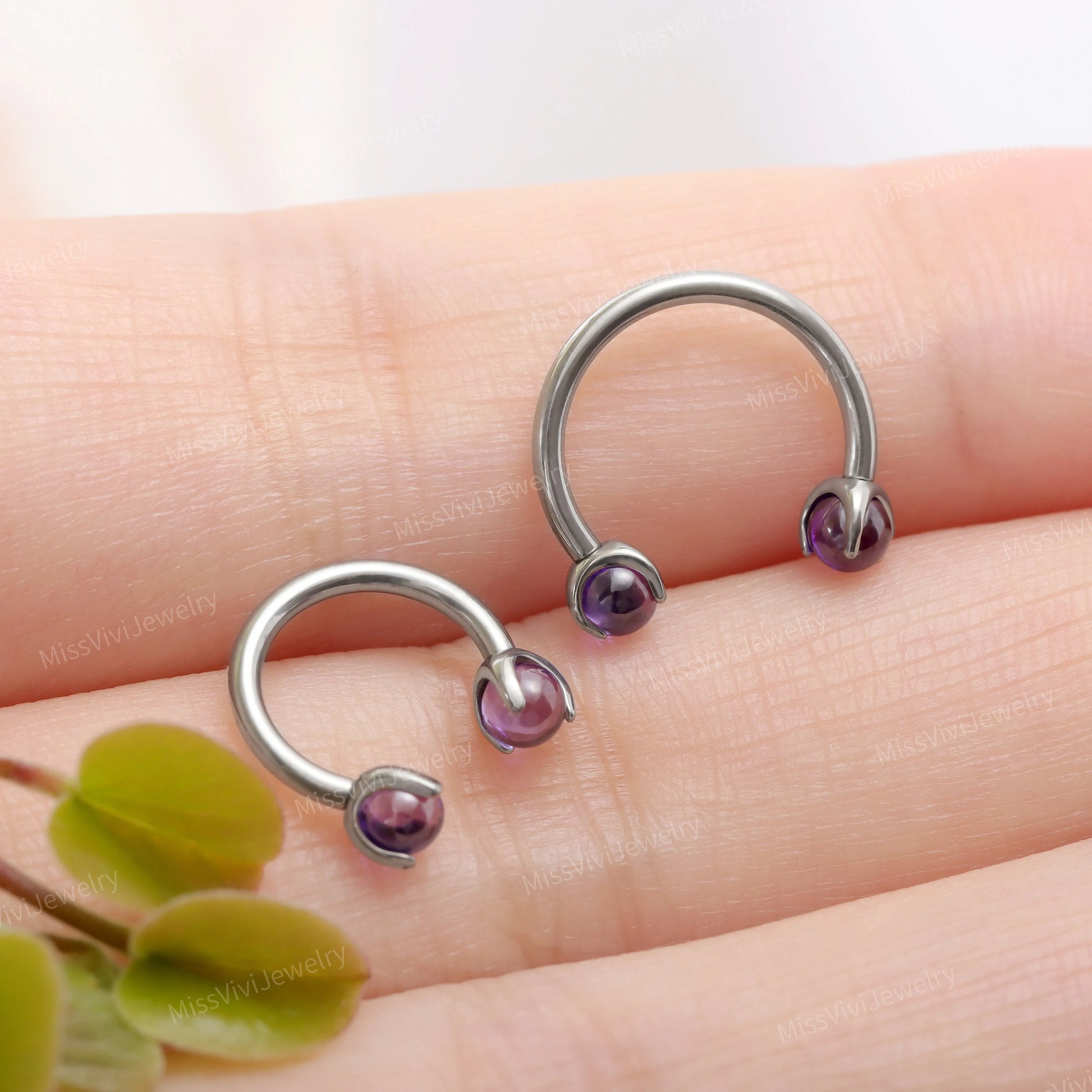 16G Titanium Amethyst Horseshoe Ring/ Internally Threaded Horseshoe Circular Barbell/ Septum Ring Silver/ Barbell Septum Ring 1.2*6/8/10mm Miss Vivi Jewelry