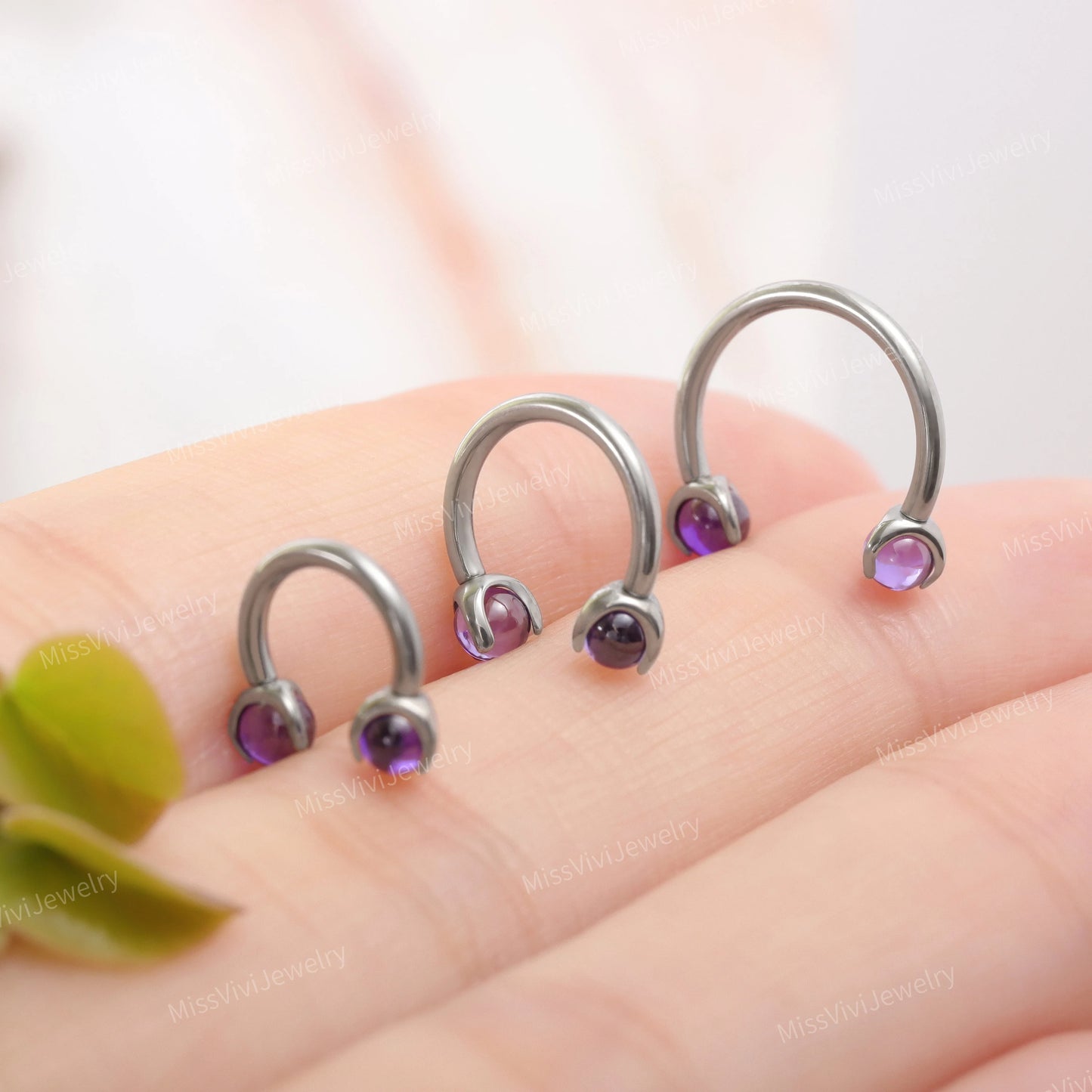 16G Titanium Amethyst Horseshoe Ring/ Internally Threaded Horseshoe Circular Barbell/ Septum Ring Silver/ Barbell Septum Ring 1.2*6/8/10mm Miss Vivi Jewelry