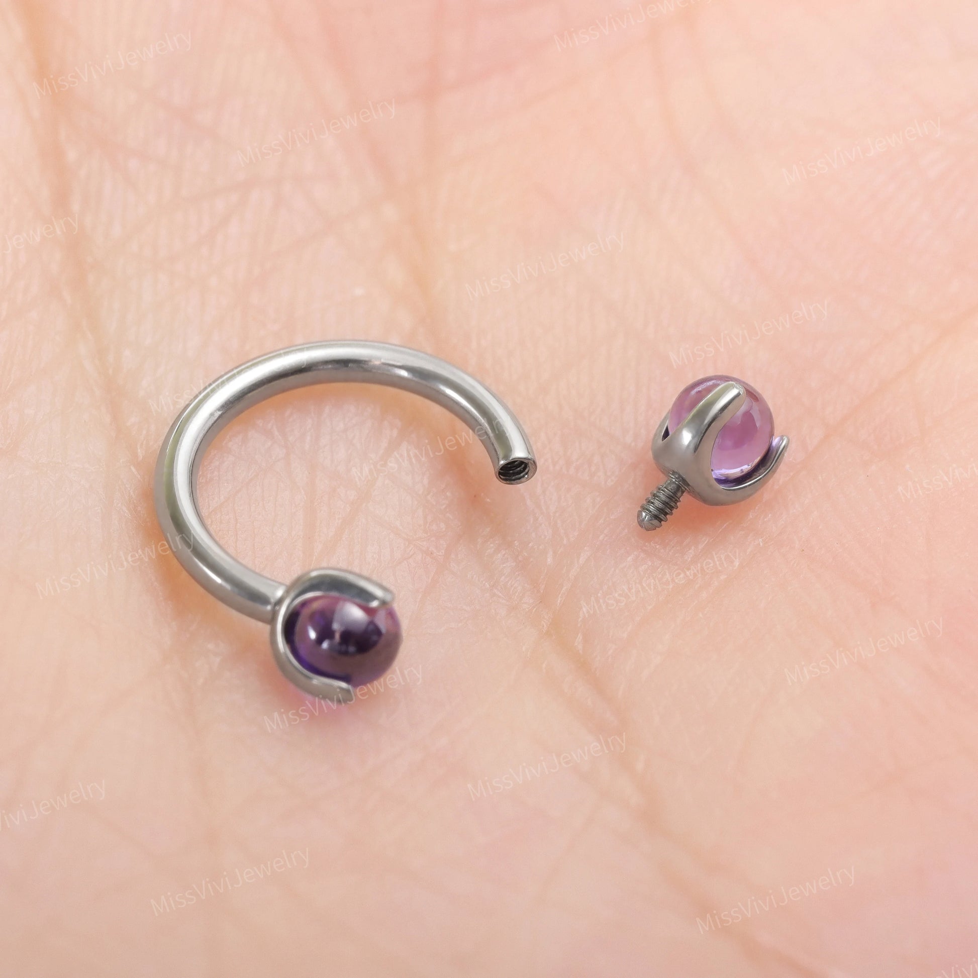 16G Titanium Amethyst Horseshoe Ring/ Internally Threaded Horseshoe Circular Barbell/ Septum Ring Silver/ Barbell Septum Ring 1.2*6/8/10mm Miss Vivi Jewelry