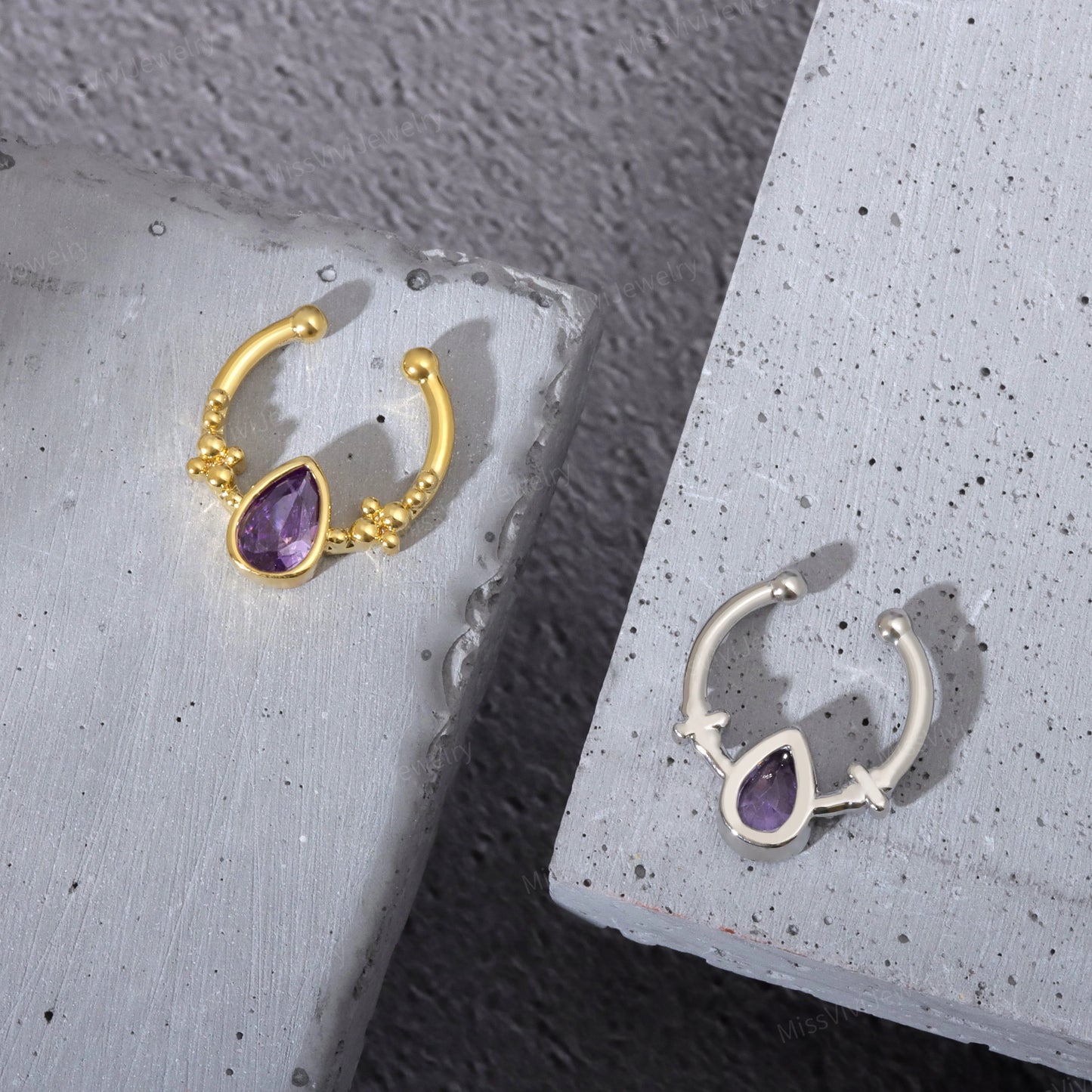 Fake Septum Ring Fit All/Adjustable Purple Waterdrop CZ Setpum Hoop/Gold Septum Cuff/Silver Clip On Nose Ring/Fake Hoop/False Nose Ring 10mm Miss Vivi Jewelry