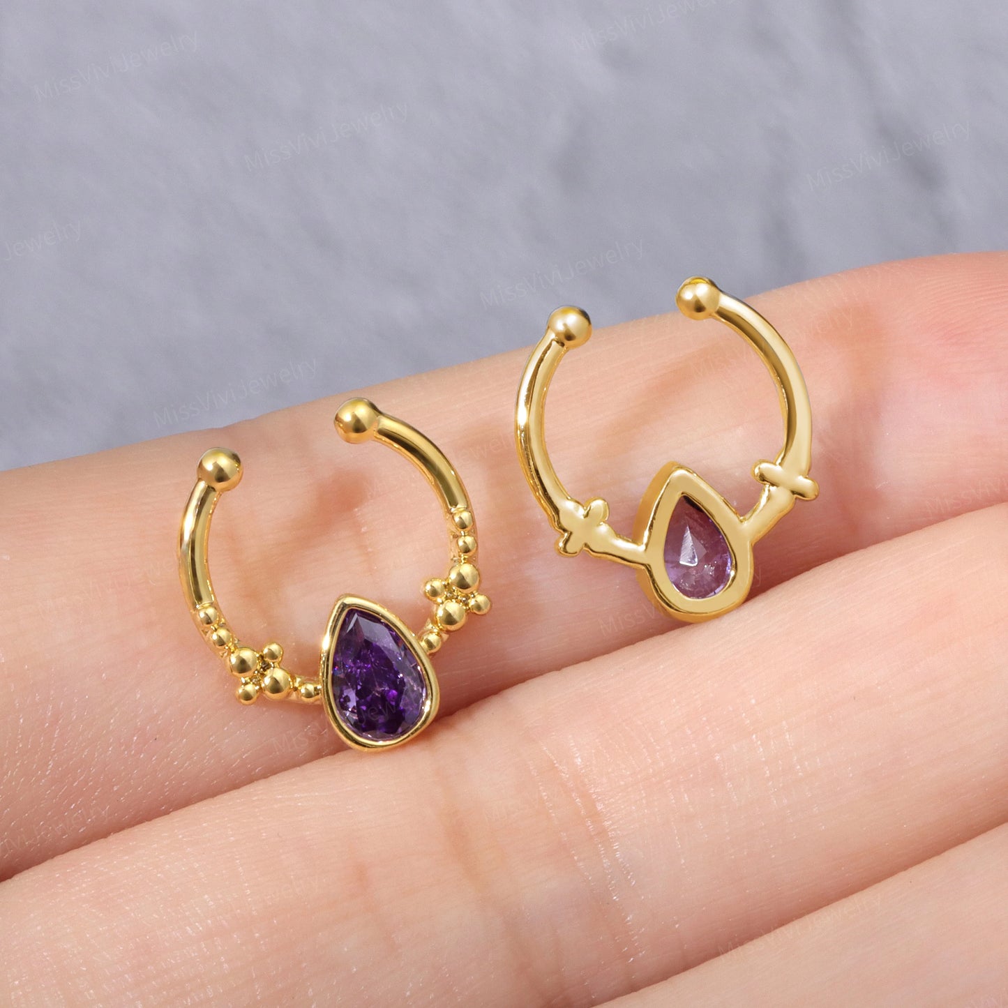 Fake Septum Ring Fit All/Adjustable Purple Waterdrop CZ Setpum Hoop/Gold Septum Cuff/Silver Clip On Nose Ring/Fake Hoop/False Nose Ring 10mm Miss Vivi Jewelry