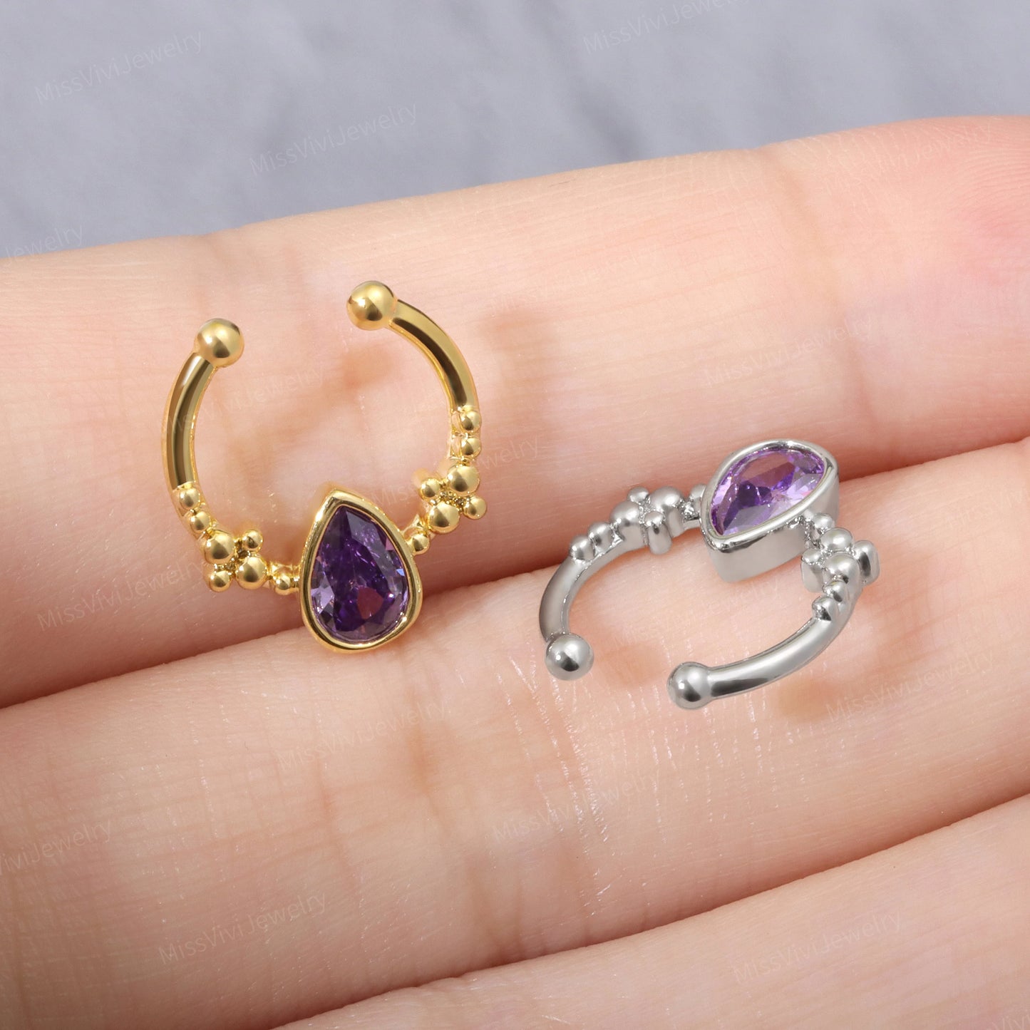 Fake Septum Ring Fit All/Adjustable Purple Waterdrop CZ Setpum Hoop/Gold Septum Cuff/Silver Clip On Nose Ring/Fake Hoop/False Nose Ring 10mm Miss Vivi Jewelry