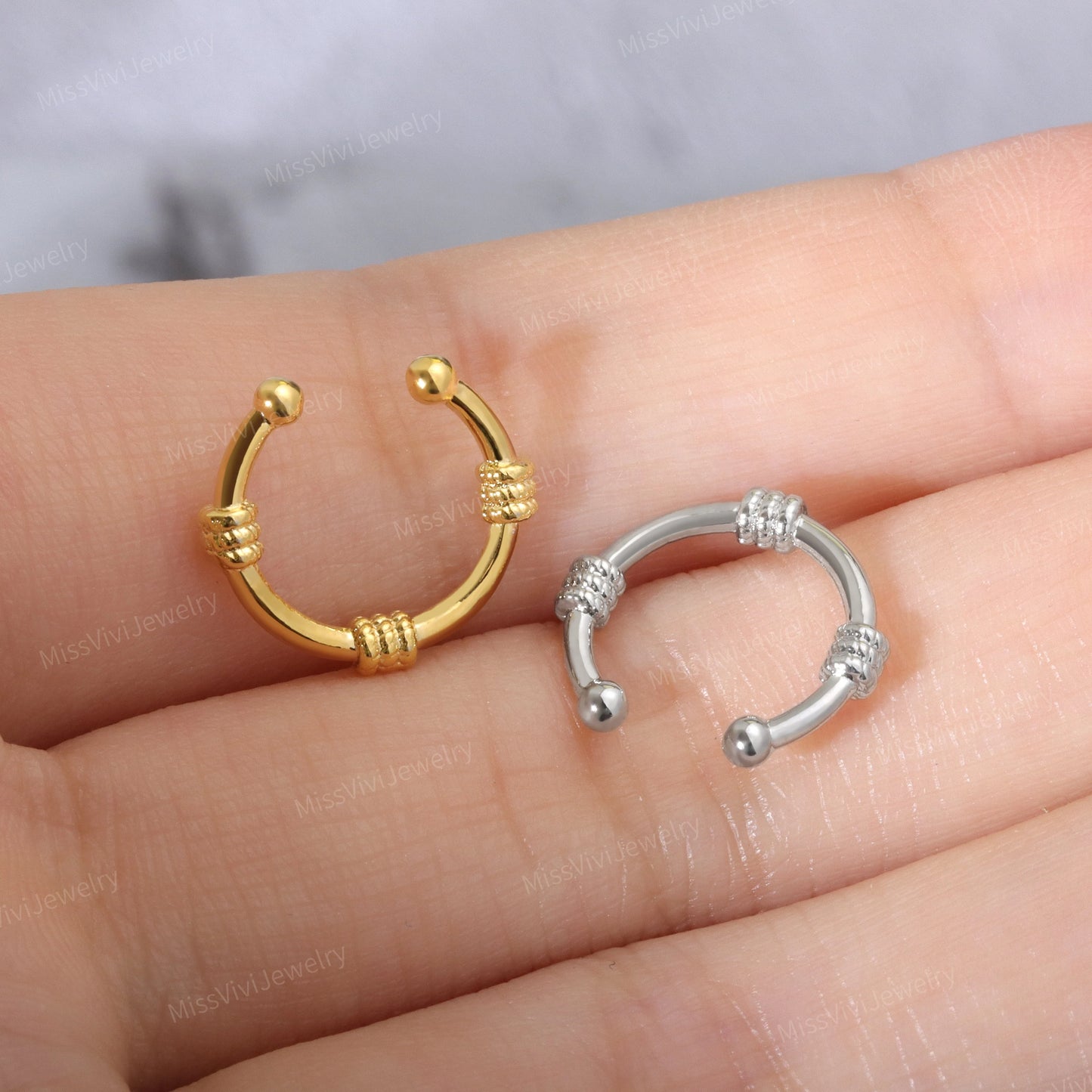 Fake Septum Ring Fit All/ Adjustable Non-piercing Setpum Hoop/ Gold Septum Cuff/ Silver Clip On Nose Ring/Fake Piercing Hoop/False Nose Ring Miss Vivi Jewelry