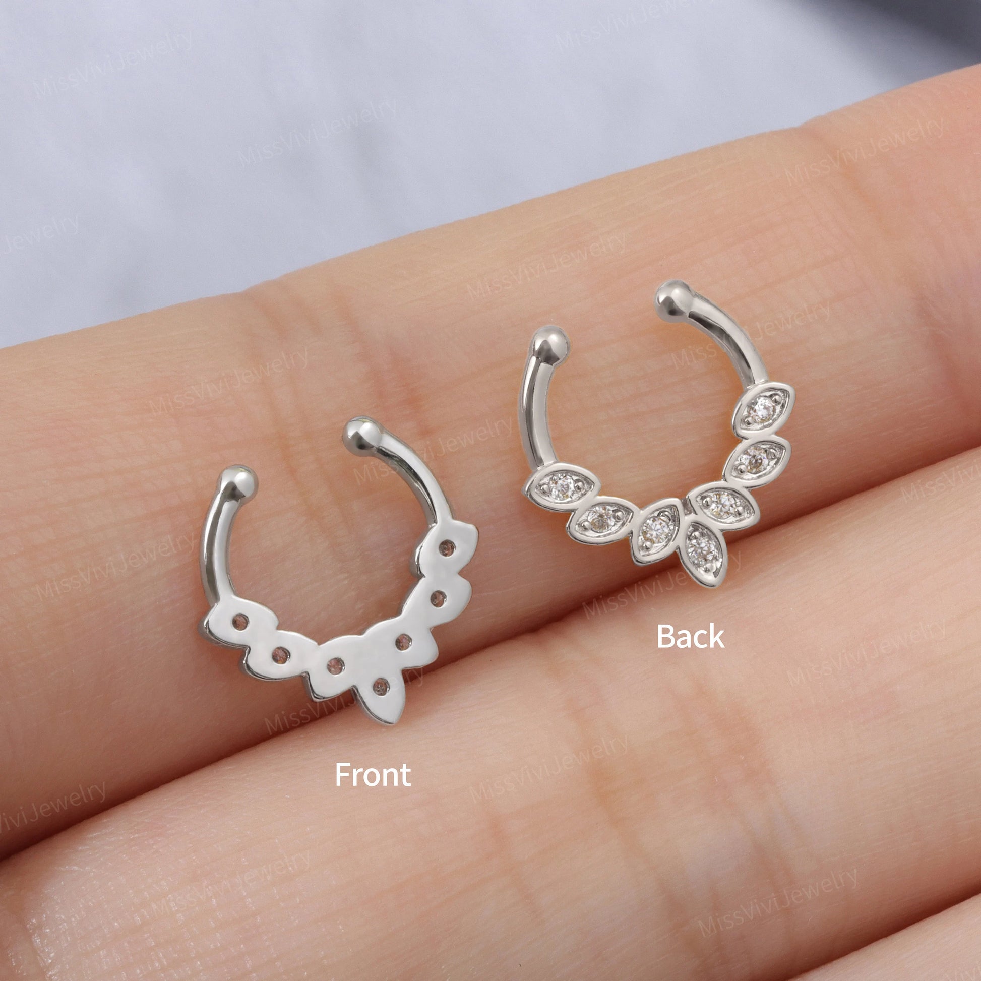 Fake Septum Ring Fit All/Adjustable CZ Leaves Setpum Hoop/Gold Septum Cuff/ Silver Clip On Nose Ring/Fake Piercing Hoop/False Nose Ring 10mm Miss Vivi Jewelry