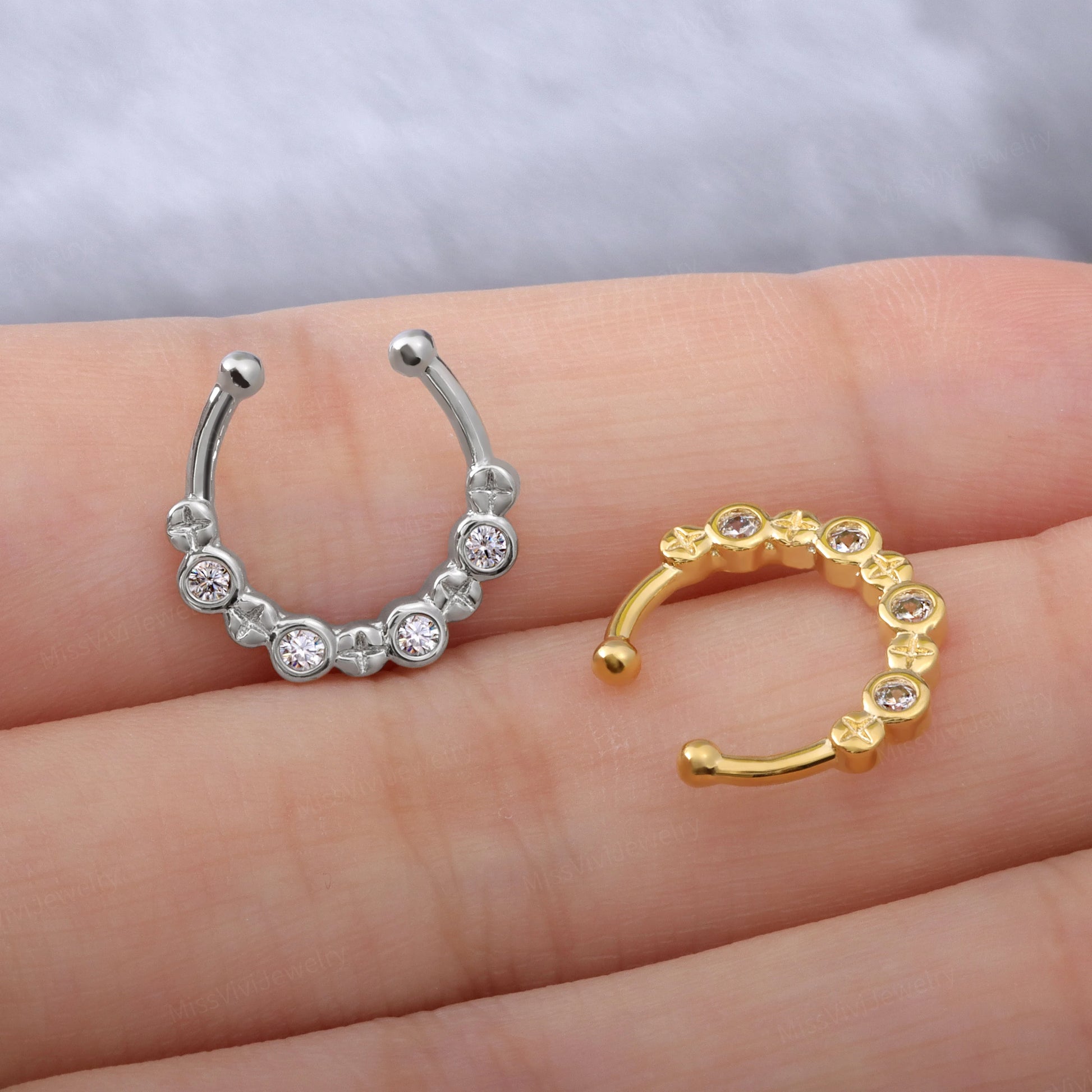 Fake Septum Ring Fit all/ Adjustable CZ Nose ring/ 10mm Septum Cuff/ Silver Clip on Nose Ring/ Gold Non Piercing Septum Hoop/ Faux Nose Ring Miss Vivi Jewelry