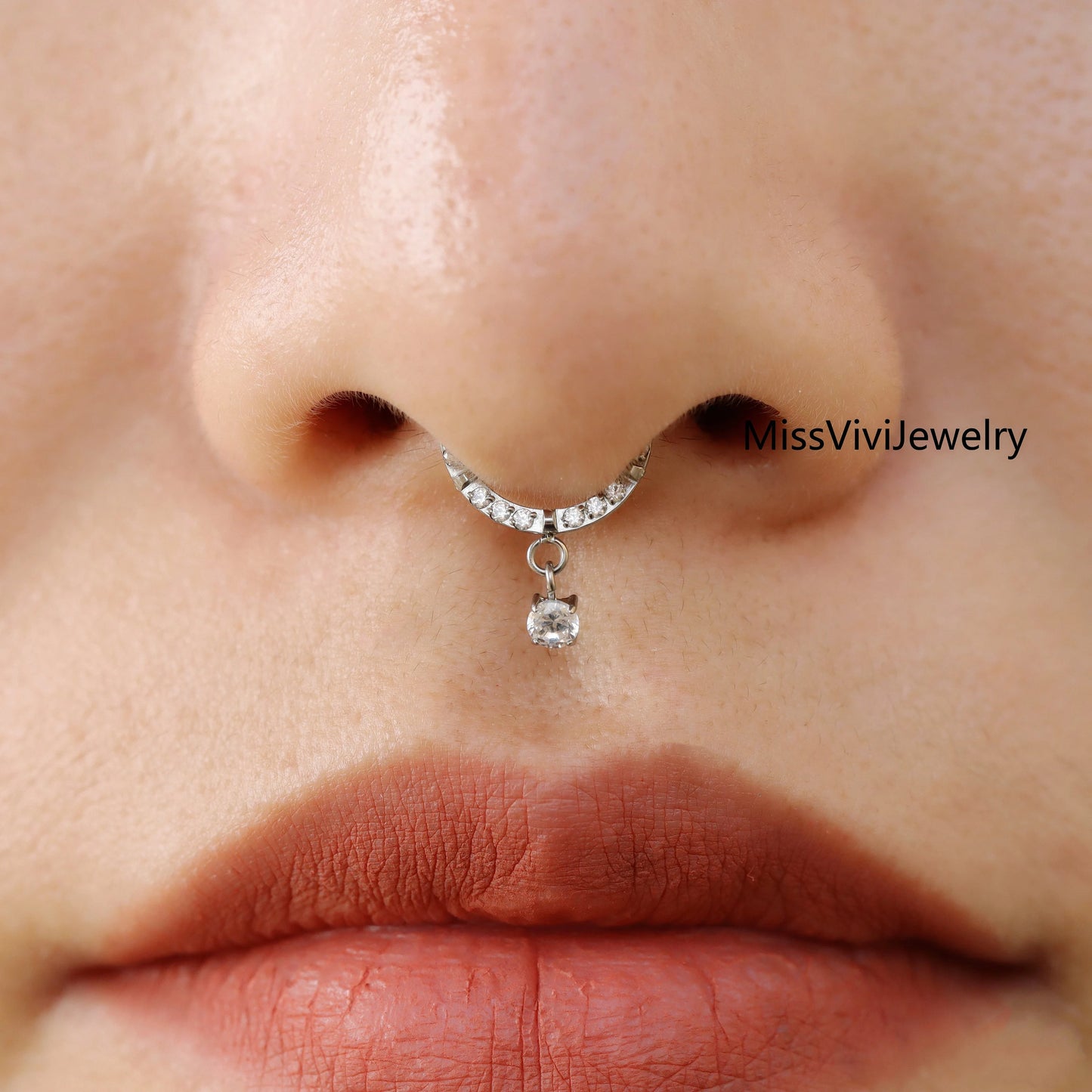 F136 Titanium Septum Cliker with CZ Dangle/ 16G/1.2mm Septum Hoop/Silver Septum Piercing Jewelry/ Daith Earring/ Helix Earring/Cartilag Hoop Miss Vivi Jewelry