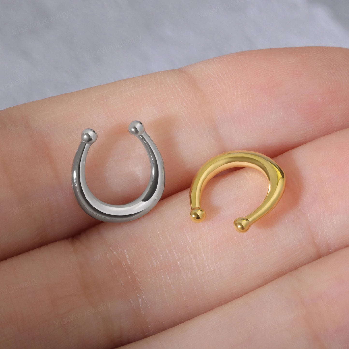 Fake Septum Ring Fit All/ 8mm Chunky Non-Piercing Ring/ Adjustable Septum Hoop/ Clip-on Nose Ring/ Silver Nose Cuff/ Gold Flase Nose Hoop Miss Vivi Jewelry