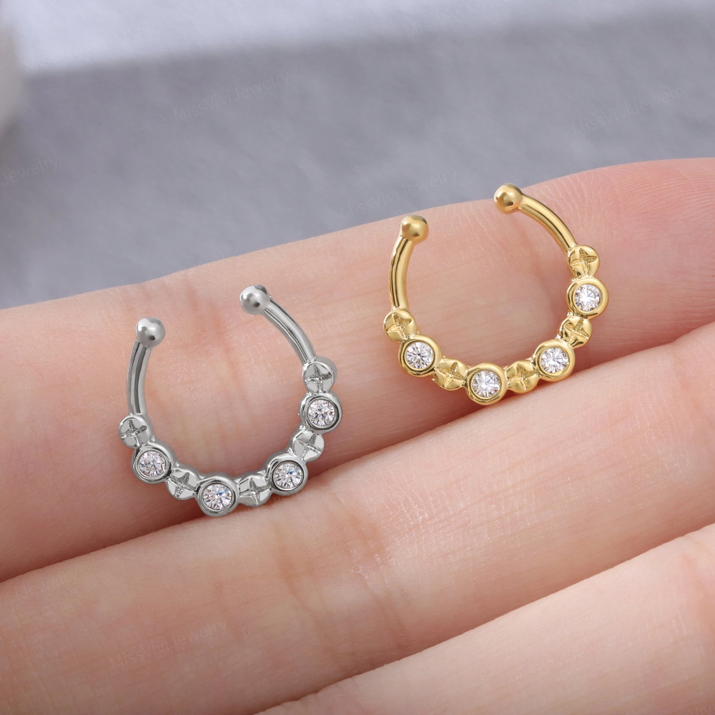 Fake Septum Ring Fit all/ Adjustable CZ Nose ring/ 10mm Septum Cuff/ Silver Clip on Nose Ring/ Gold Non Piercing Septum Hoop/ Faux Nose Ring Miss Vivi Jewelry