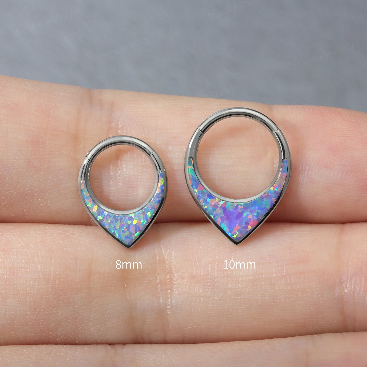 16G ASTM F136 Titanium Purple Opal Septum Clicker/ V shape Septum Hoop/ Hinged Septum Ring/ 8mm Septum Jewelry/ Silver Septum Piercing Ring Miss Vivi Jewelry