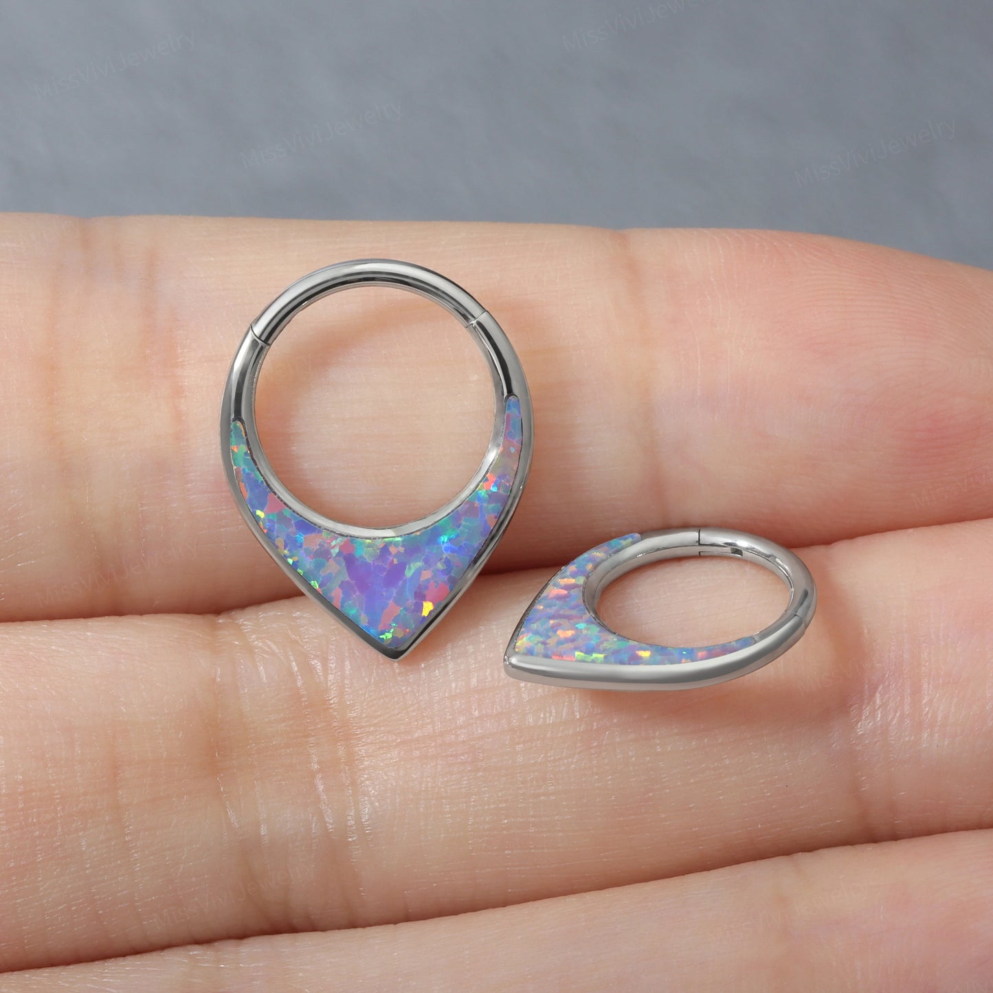 16G ASTM F136 Titanium Purple Opal Septum Clicker/ V shape Septum Hoop/ Hinged Septum Ring/ 8mm Septum Jewelry/ Silver Septum Piercing Ring Miss Vivi Jewelry