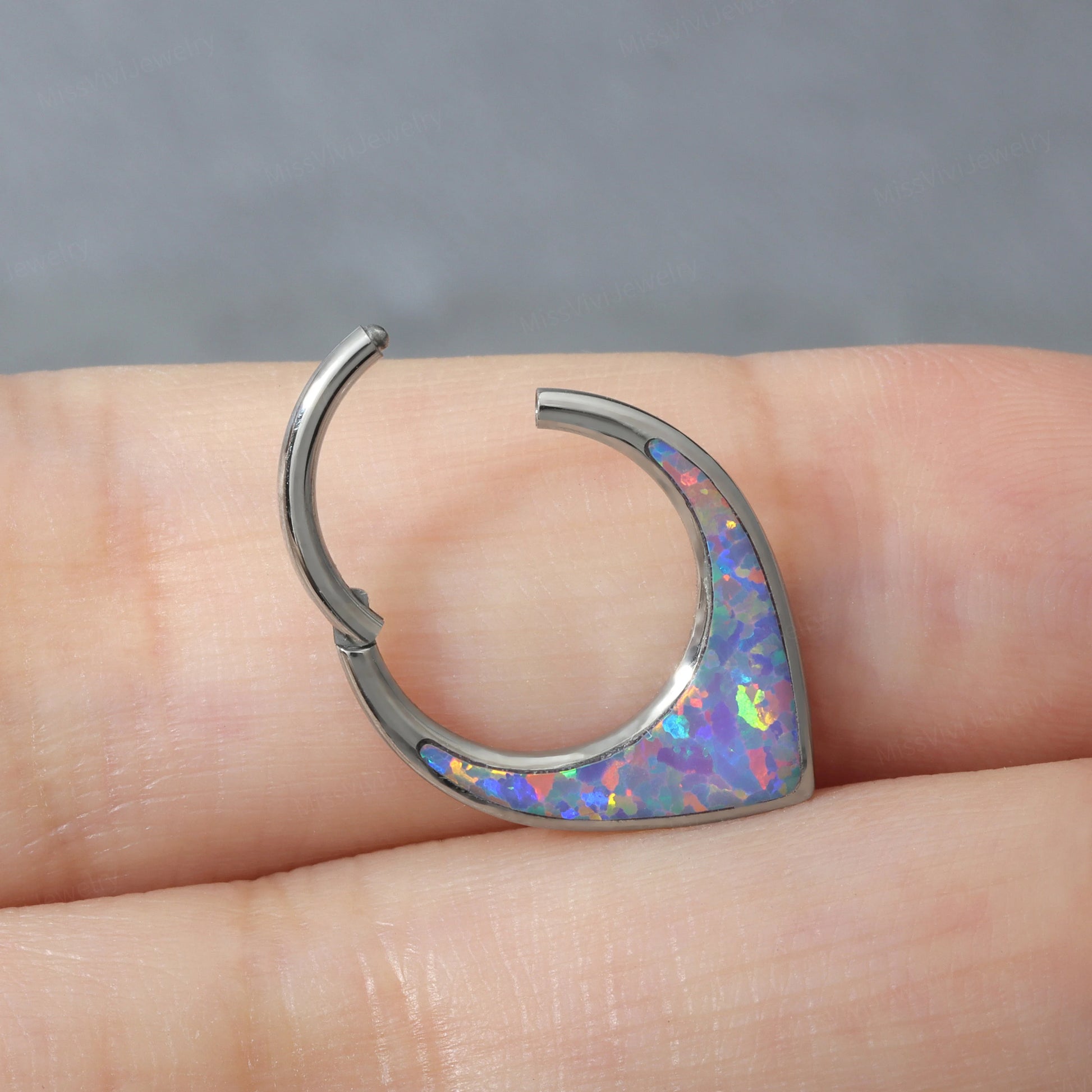 16G ASTM F136 Titanium Purple Opal Septum Clicker/ V shape Septum Hoop/ Hinged Septum Ring/ 8mm Septum Jewelry/ Silver Septum Piercing Ring Miss Vivi Jewelry