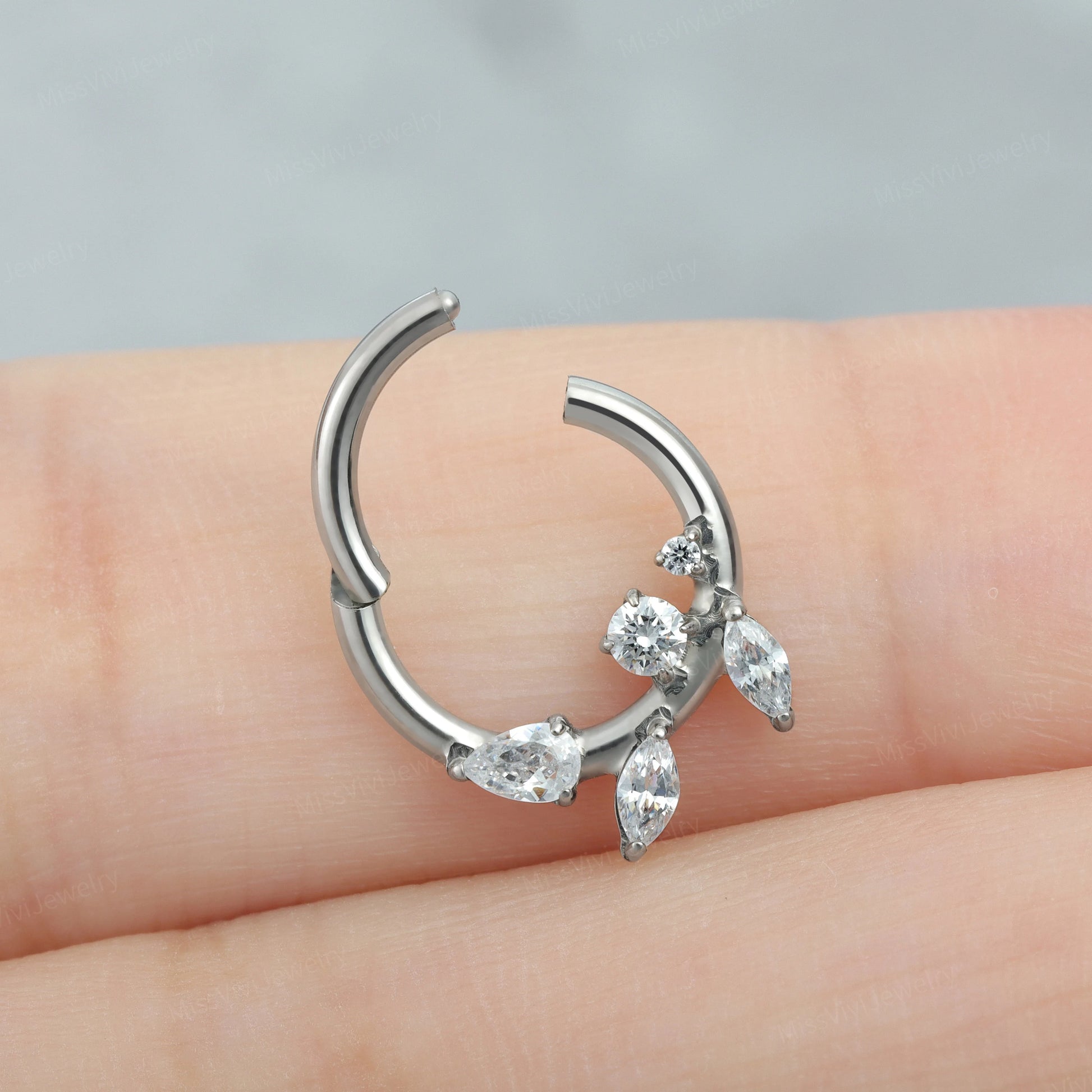 Titanium Branch CZ Septum Clicker/ 16G Hinged Septum Hoop/8mm Daith Earring Hoop/Silver Septum Hoop/Septum Rings/Helix Tragus Cartilag Hoop Miss Vivi Jewelry