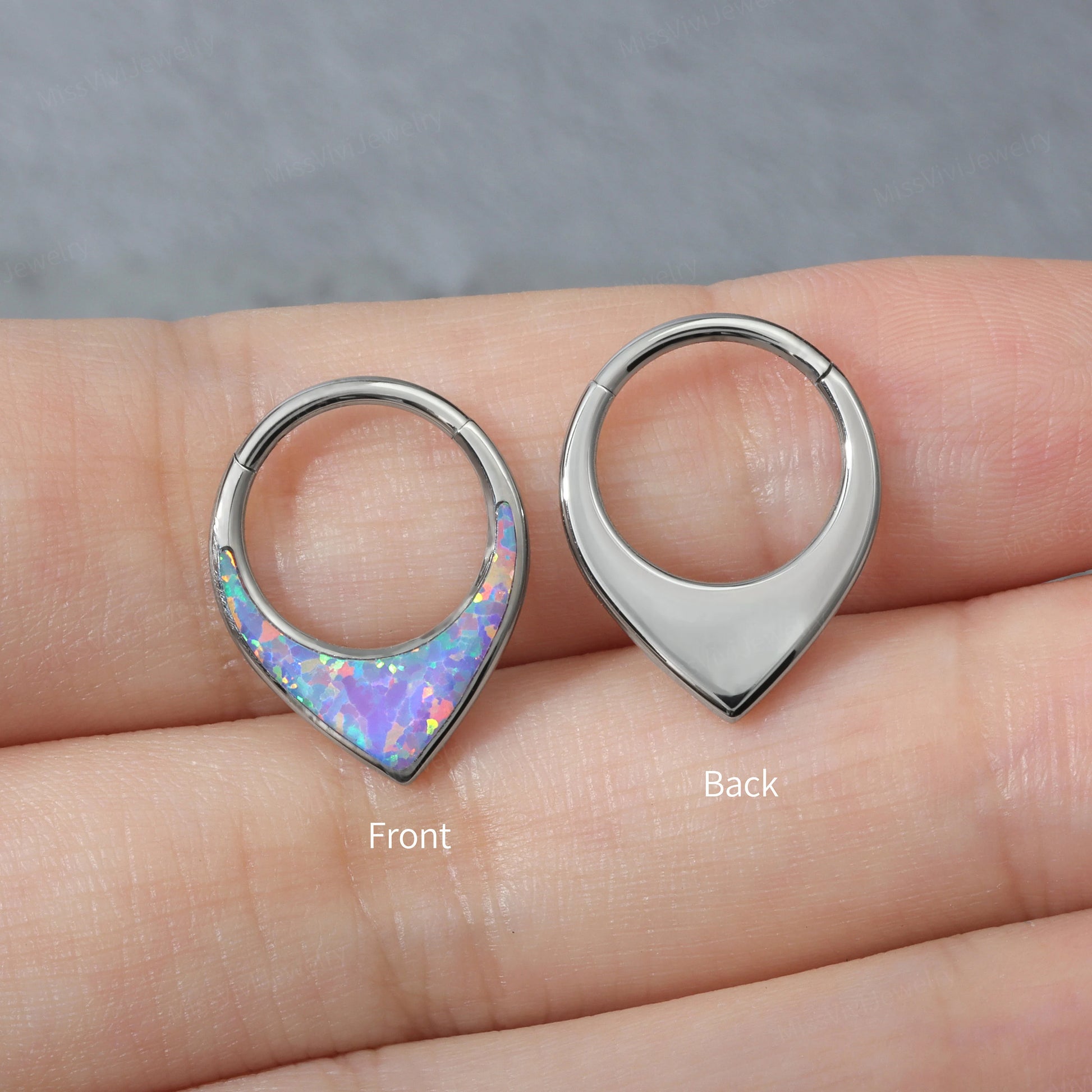 16G ASTM F136 Titanium Purple Opal Septum Clicker/ V shape Septum Hoop/ Hinged Septum Ring/ 8mm Septum Jewelry/ Silver Septum Piercing Ring Miss Vivi Jewelry