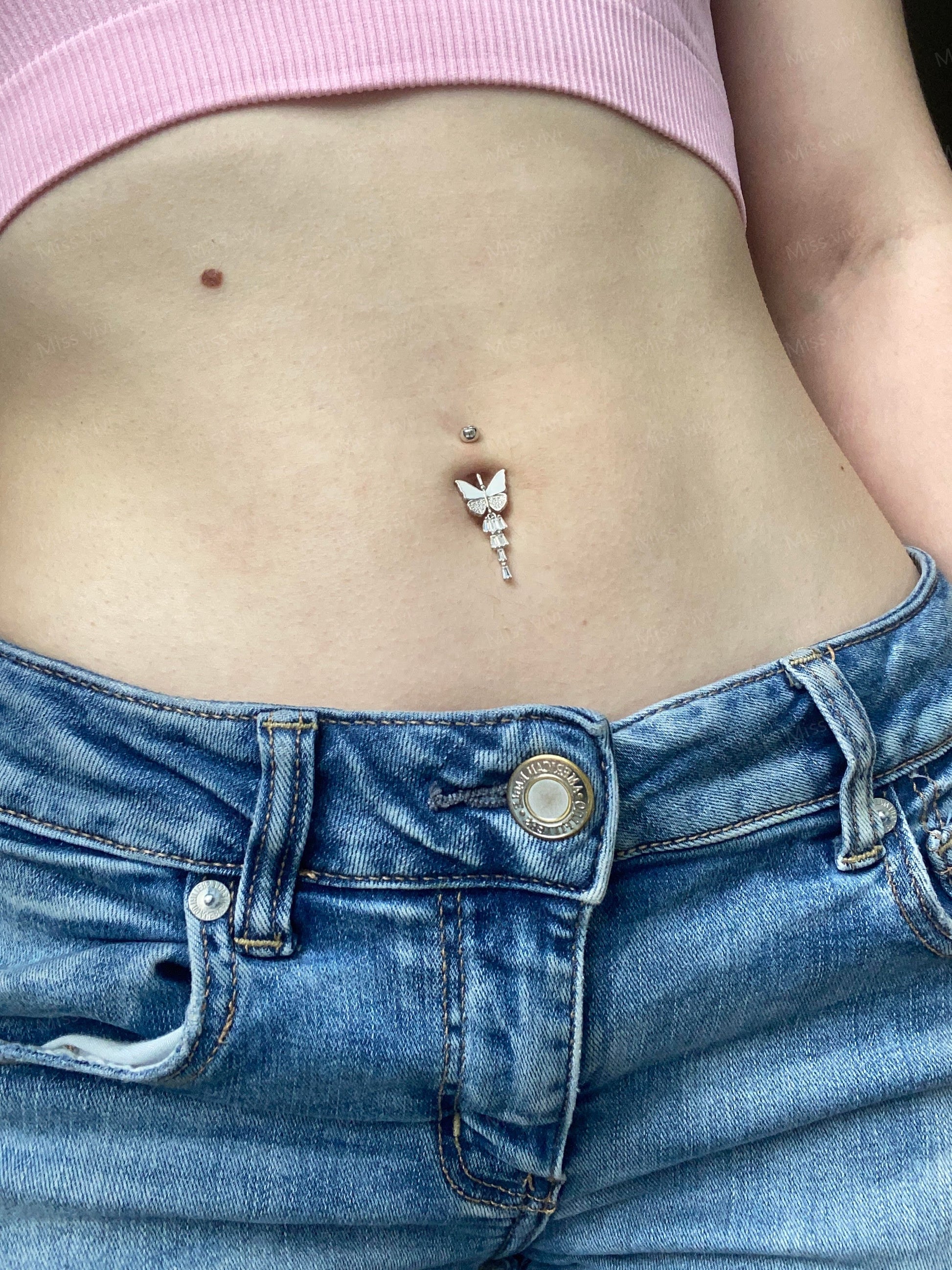 Solid S925 14G Sterling Silver Butterfly Belly Button Ring| Navel Piercing| Silver Belly Bar| Belly Jewelry| Navel Barbell 1.6*6/8/10/12mm Miss Vivi Jewelry