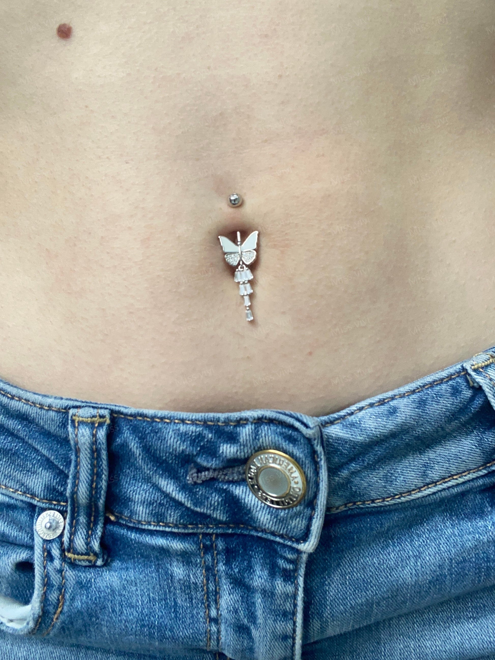 Solid S925 14G Sterling Silver Butterfly Belly Button Ring| Navel Piercing| Silver Belly Bar| Belly Jewelry| Navel Barbell 1.6*6/8/10/12mm Miss Vivi Jewelry